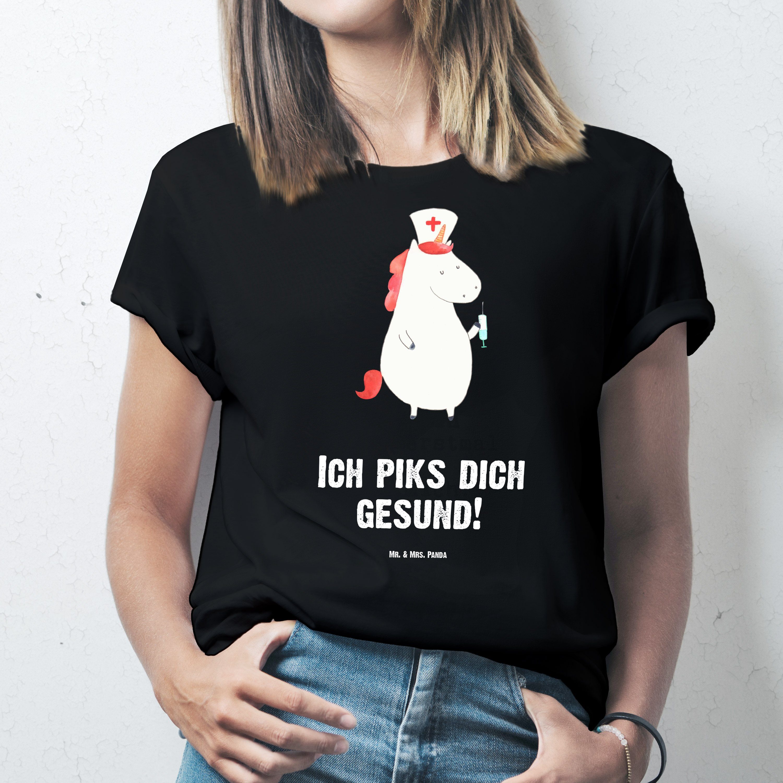 Einhorn Schwarz Krankenschwester - - (1-tlg) Einhörn T-Shirt Mr. Mrs. Tshirt, Party, Panda Geschenk, &