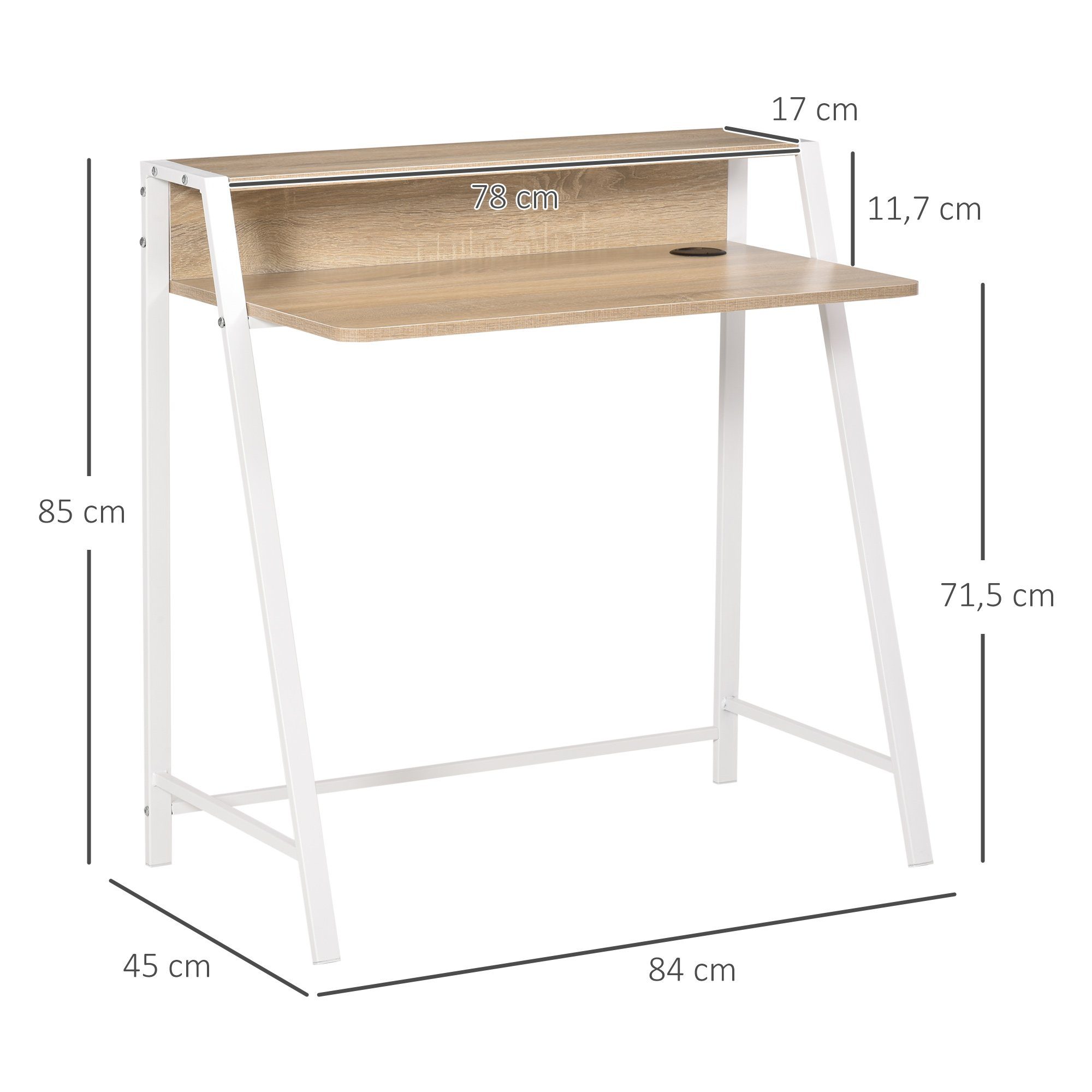 HOMCOM Schreibtisch Arbeitstisch mit Ablagefach (Computertisch, 1-St., Bürotisch), Metall Weiß+Eiche 84 x 45 x 85 cm