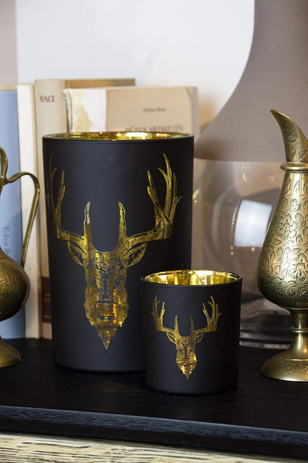 7 Kerzenglas-Set 8 cm für Hirsch-Motiv mit Windlicht Lio, Kerzenhalter EDZARD Maxi-Teelicht, für Teelichter Höhe Teelicht cm, Gold-Optik, Ø und in