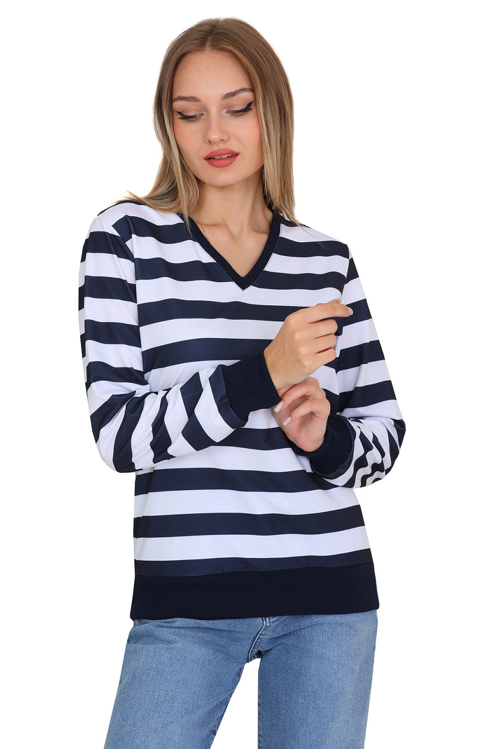 Sweatshirt langarm Streifen V-Ausschnitt dunkelblau-weiß