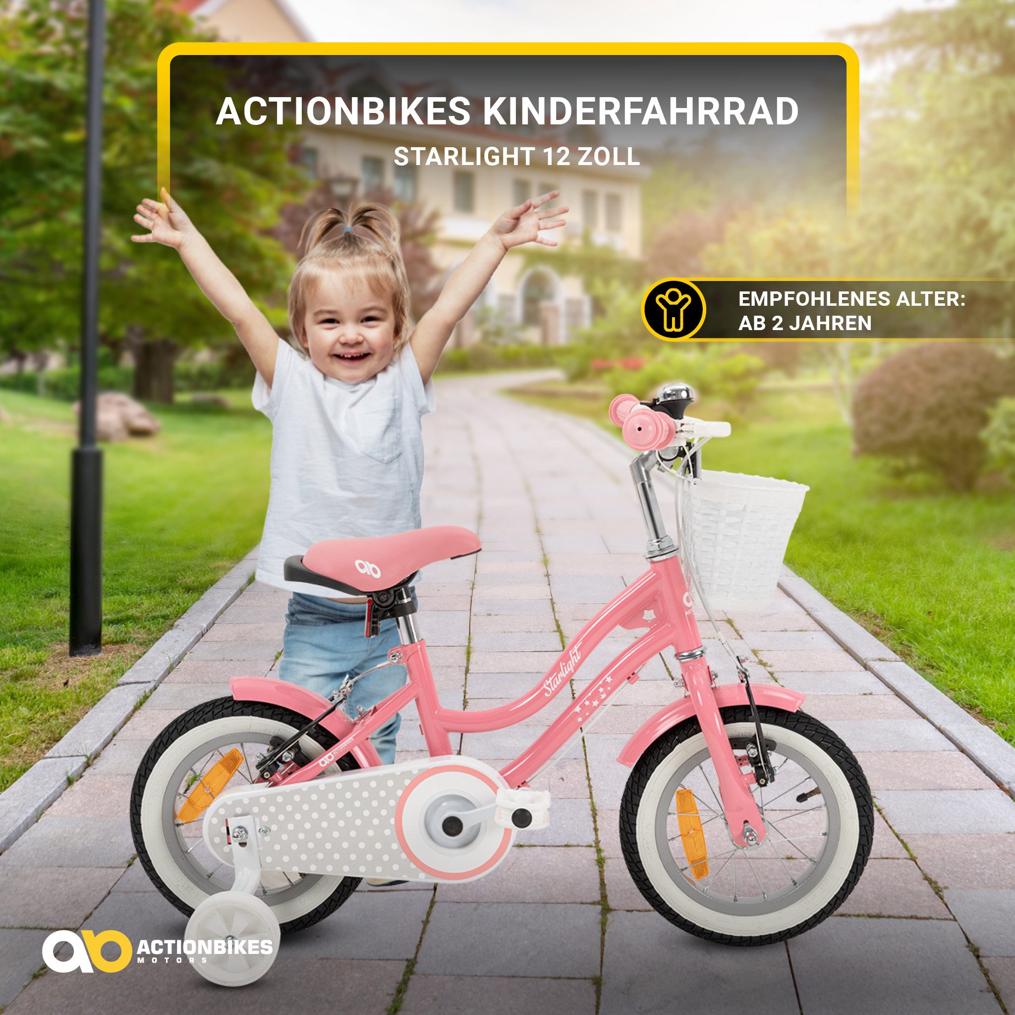 Actionbikes Motors Kinderfahrrad Starlight inkl. Fahrradkorb, 1 Gang, (Kinder Fahrrad, Fahrrad für Kinder, Fahrrad ab 2 Jahre, V-Brake-Bremse, Fahrradständer, 20 Zoll, 16 Zoll & 12 Zoll), höhenverstellbares Bike Mädchen Rad Kinderrad ab 2 Jahre