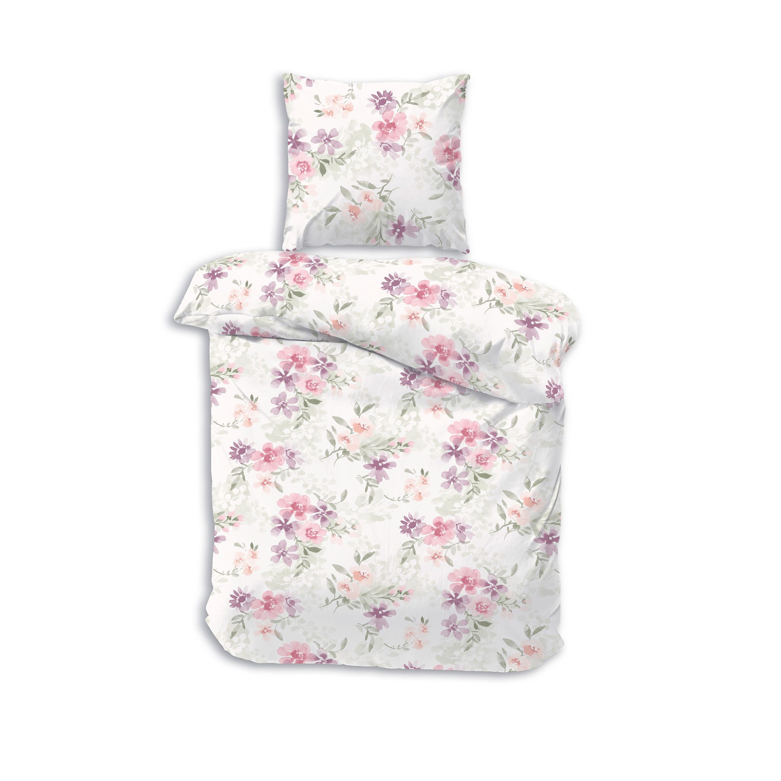 DOBNIG Bettwäsche Flanell, Flanell, 2 teilig, rosa Blümchen, weißer Hintergrund