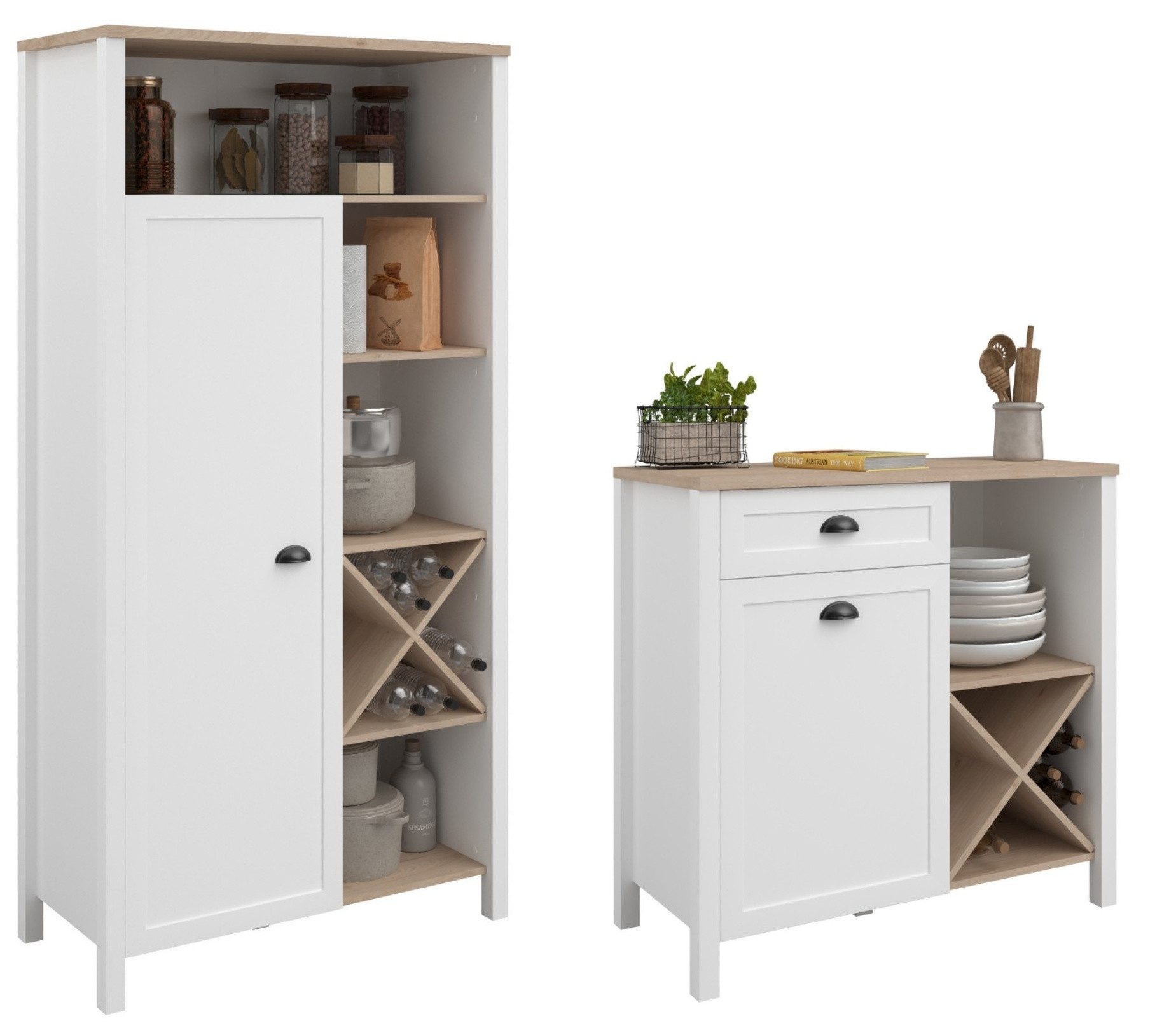 Parisot Küchenbuffet Cottage 1 Parisot Küchenbuffet Set 95x185x43 Küche Schrank Weiß/ Eiche