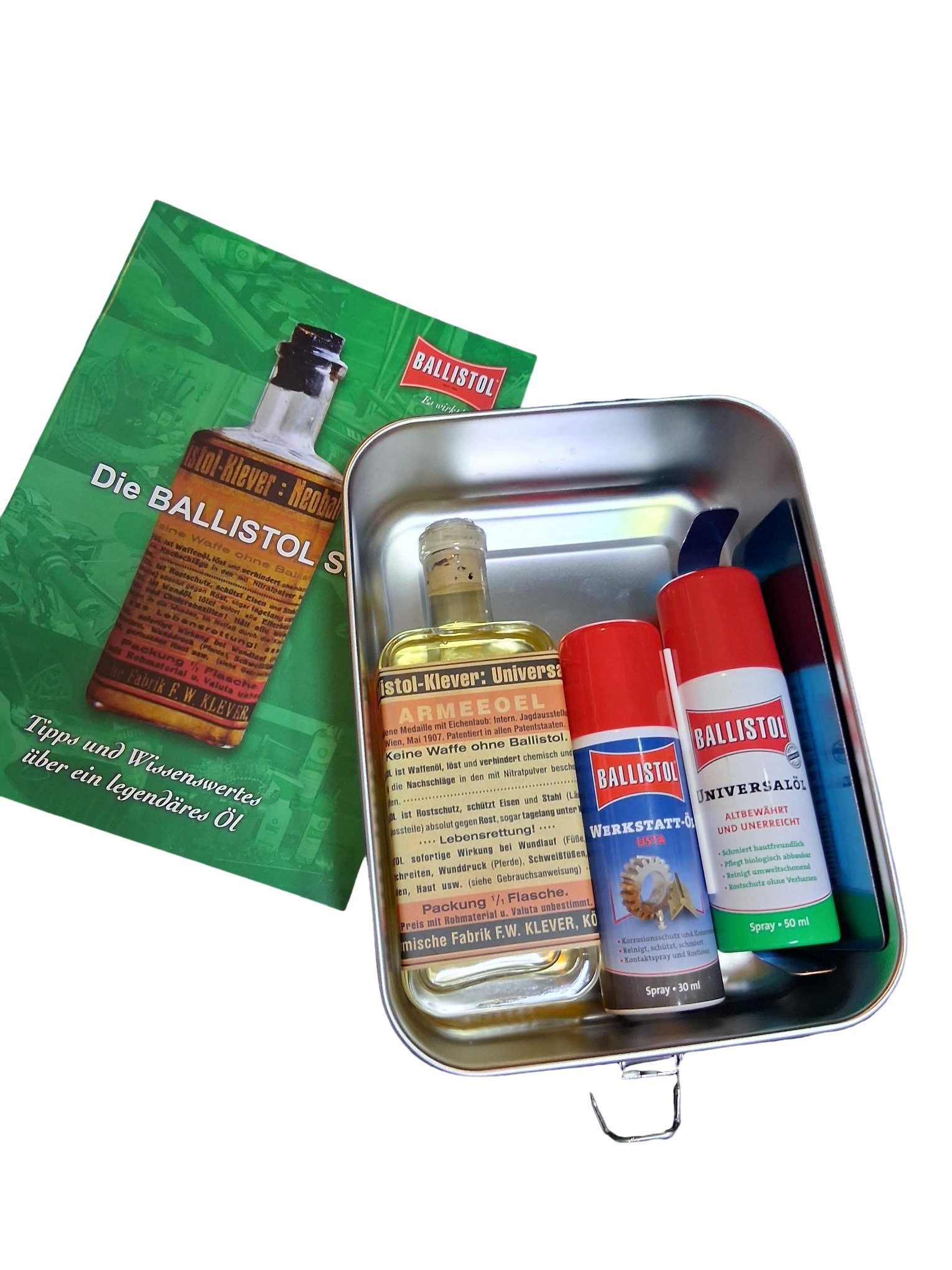 MATEC Germany Ersatzteile Geschenkbox Ballistol Nostalgieflasche – Öl-Geschenkset in Edelstahl-Brotdose, Nostalgieflasche, Sprays und Edelstahl-Brotdose