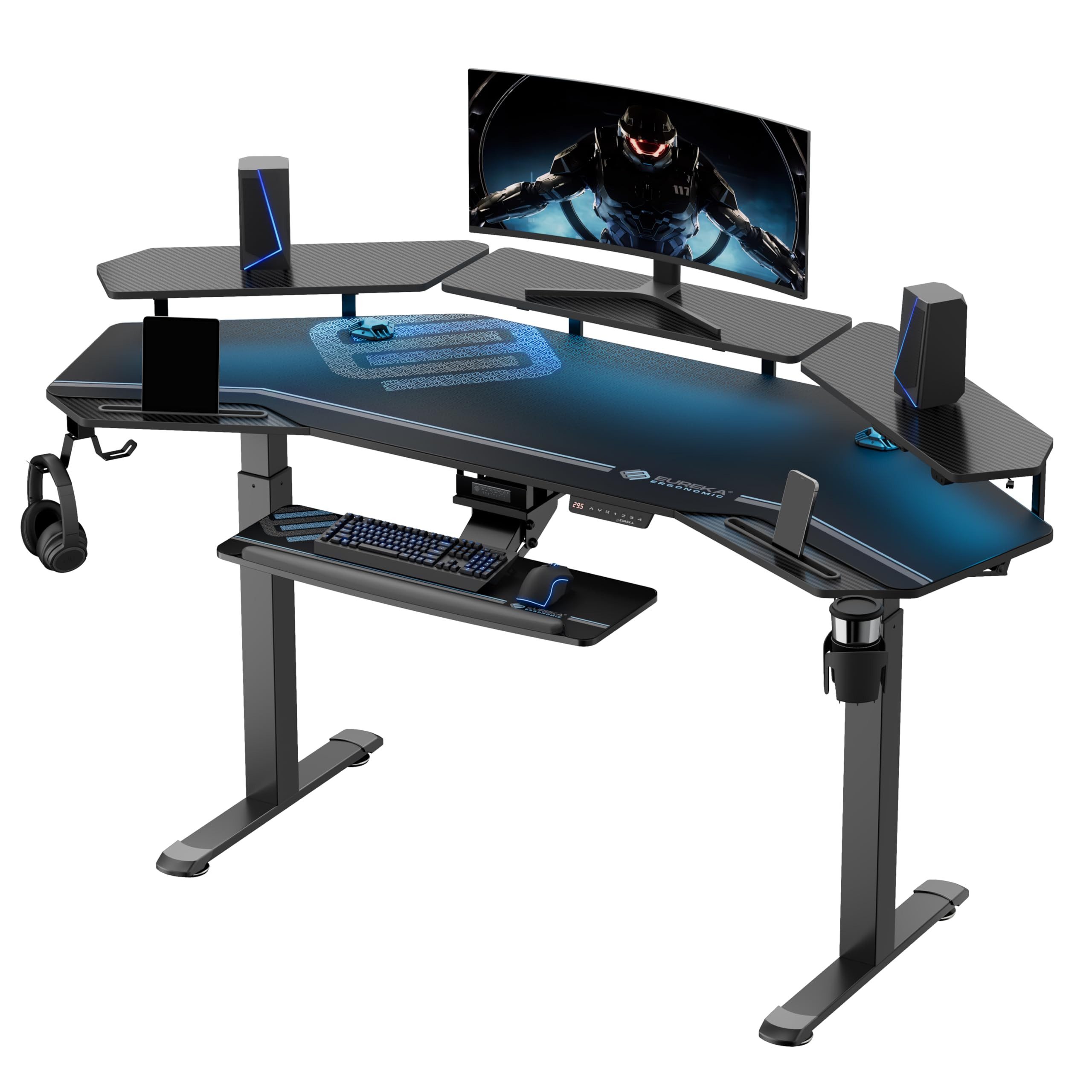 EE EUREKA ERGONOMIC Computertisch Höhenverstellbarer Schreibtisch, Elektrisch Groß Gaming Tisch (182×76cm Stehpult in Flügelform), Gaming Schreibtisch mit Led Monitorständer und Tastaturablage