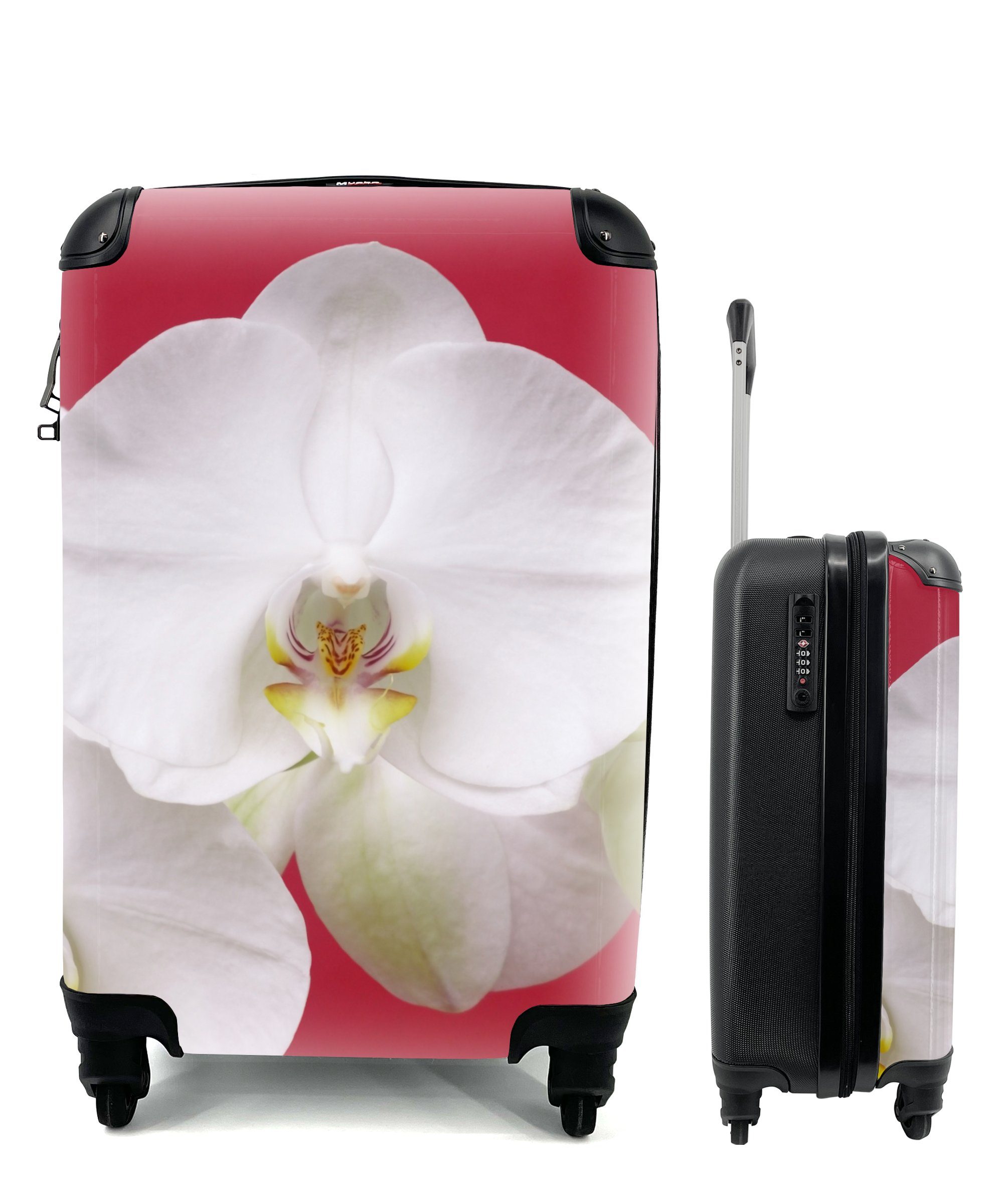 Ferien, MuchoWow rollen, auf Weiße 4 Handgepäck Reisekoffer Trolley, Rollen, mit Rot, Reisetasche Orchidee Handgepäckkoffer für