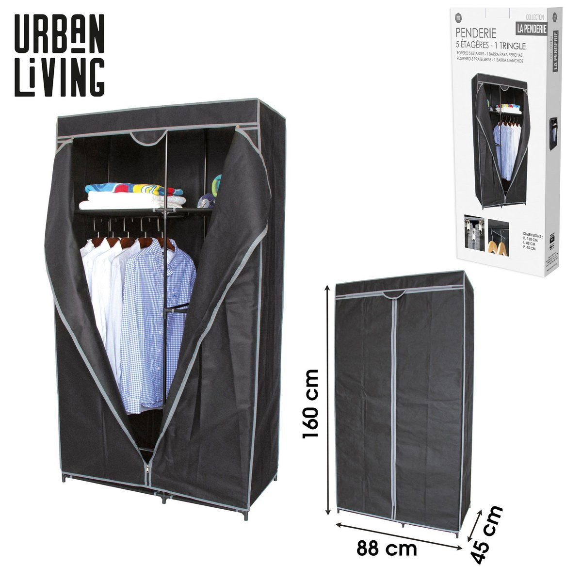 Urban Living Kleiderschrank Faltschrank Garderobe 88x45x160cm LA PENDERIE Flurschrank mit 5 Regalen, Kleiderstange, Falt-Tür zum Hochziehen