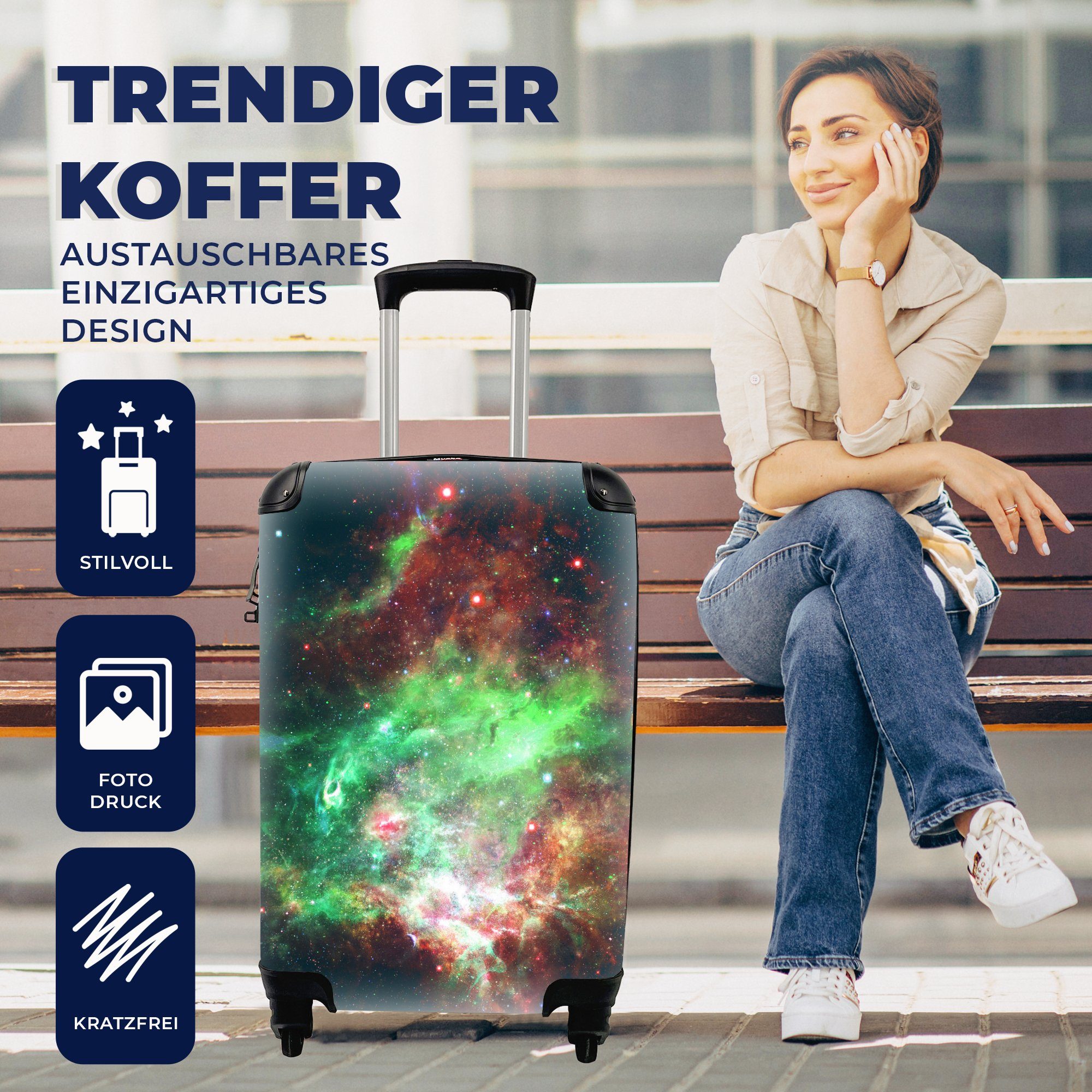 MuchoWow Handgepäckkoffer Trolley, Grün - Rot, Ferien, rollen, - Reisekoffer mit Reisetasche 4 Rollen, Handgepäck für Leerzeichen