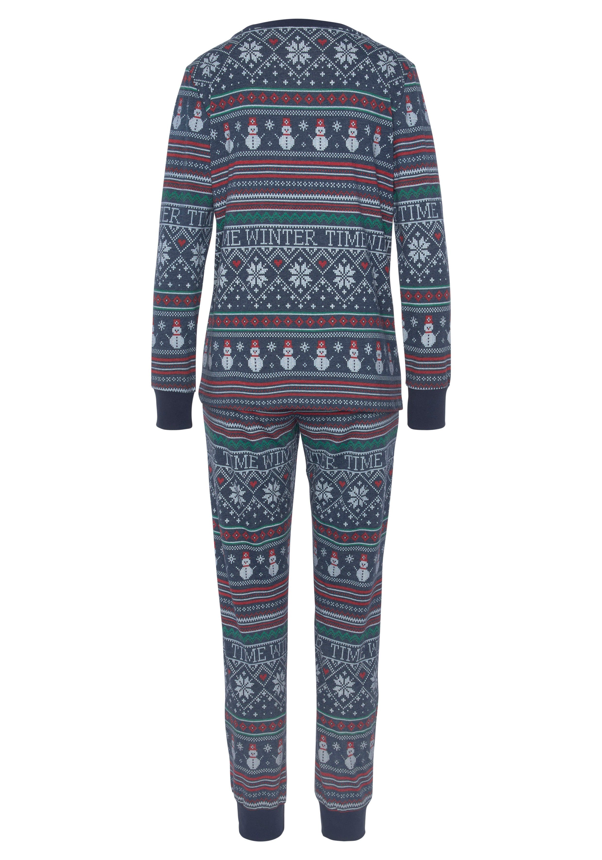 LASCANA tlg) winterlichem Druck Pyjama mit (2 gemustert dunkelblau