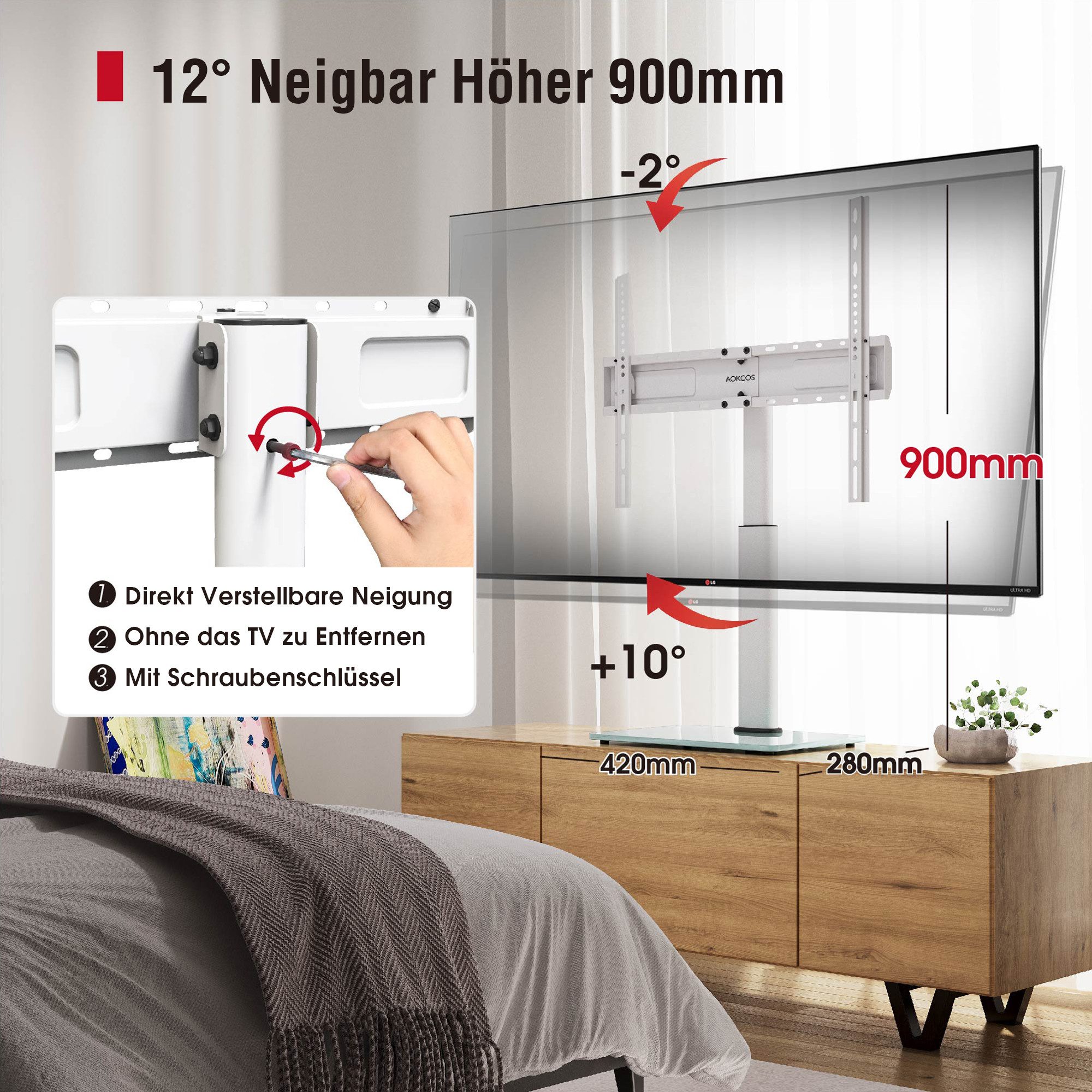 AOKCOS TV-Ständer höhenverstellbar, ± 30° schwenkbar, 32-75 Zoll, (bis 75 Zoll, -2°-10° neigbar, rutschfeste Gummifüße, Tisch-TV-Ständer) – Bild 4 von 5