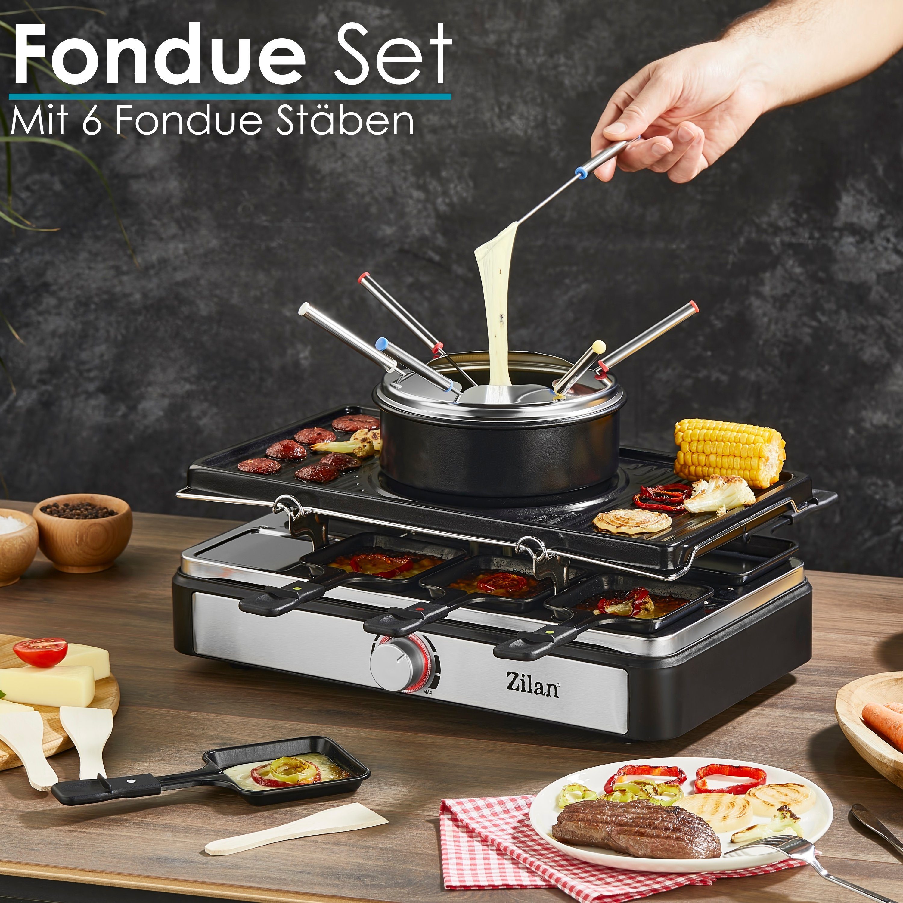 Zilan Raclette und Fondue-Set ZLN-8856, 8 Raclettepfännchen, 1400 W, 3 in 1  Raclett/Grill/Käsefondue,8 Personen,Antihaftbeschichtet