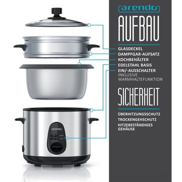 Arendo Reiskocher, 500 W, Reiskocher mit automatischer Koch und Wärm Funktion EDO 1,5 Liter