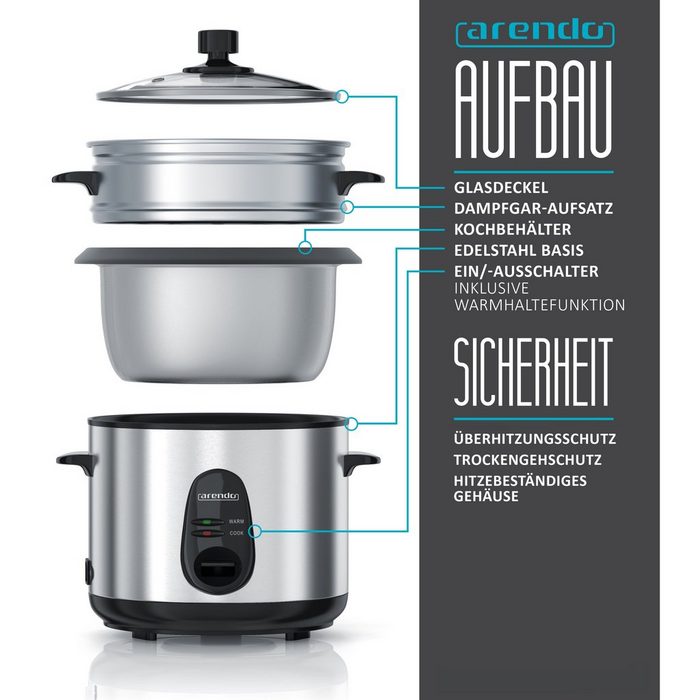 Arendo Reiskocher 500 W Reiskocher mit automatischer Koch und Wärm Funktion EDO 1 5 Liter