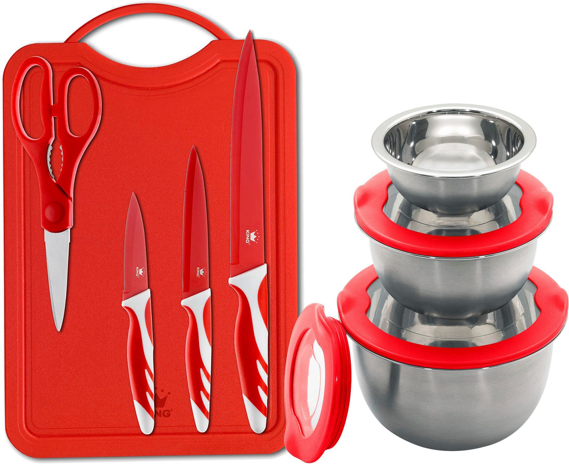 KING Schneidebrett »FRESHIN«, Edelstahl, Kunststoff, (Spar-Set, 11-St., Schüsselgrößen: Ø17.5 Ø14.5 Ø12cm, 3 Messer, 1 Schneidebrett, 1 Schere), Schüsseln Edelstahl, mit Frischaltedeckel, Schneidebrett