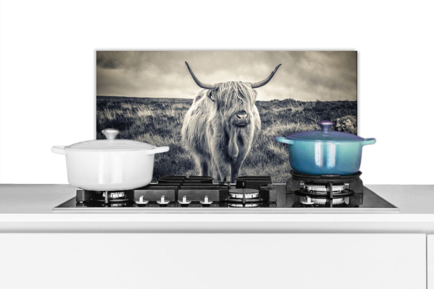 MuchoWow Küchenrückwand Schottischer Hochländer - Tiere - Wolken - Kuh - Natur, (1-tlg), 60x30 cm, Wandschutz, gegen Fett und Schmutzflecken für Küchen | Küchenrückwände