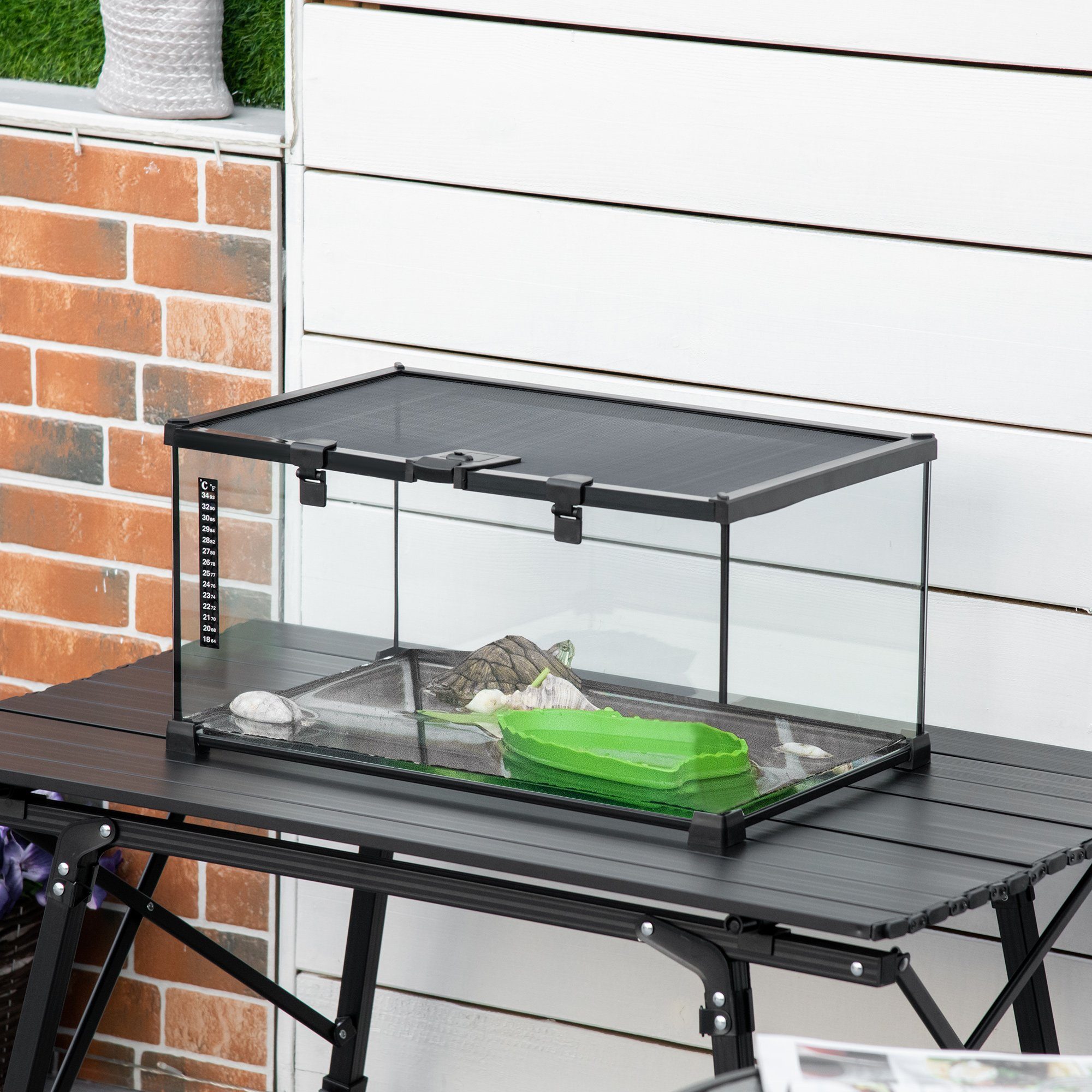 PawHut Terrarium mit Thermometer, Metall Schwarz 50 x 30 x 35 cm