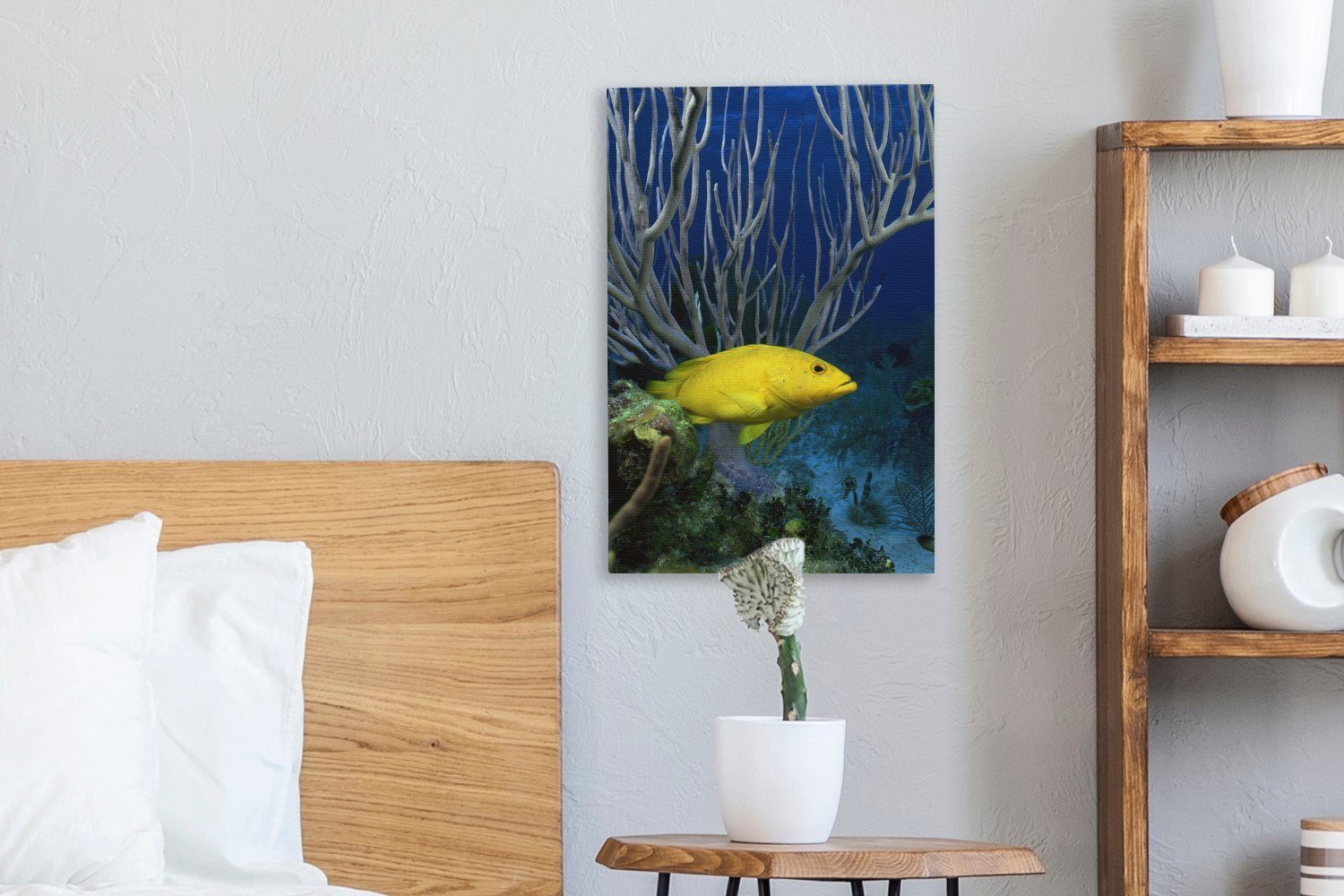 cm Leinwandbild (1 OneMillionCanvasses® inkl. Leinwandbild Gelb 20x30 Gemälde, fertig Fisch St), Zackenaufhänger, bespannt Koralle, - -