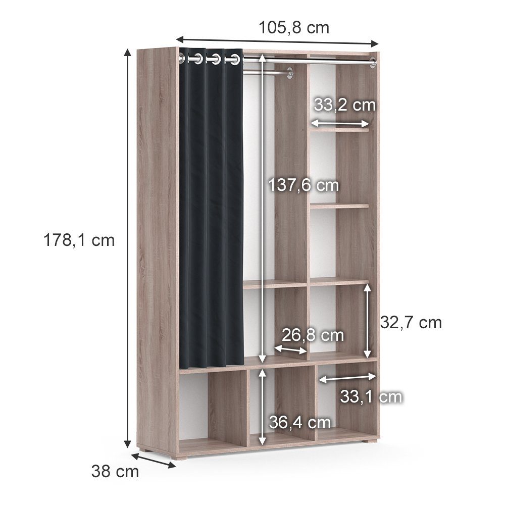 Vicco Kleiderschrank Luigi, Sonoma, 105.8 x 178.1 cm mit Vorhang-Kleiderstange