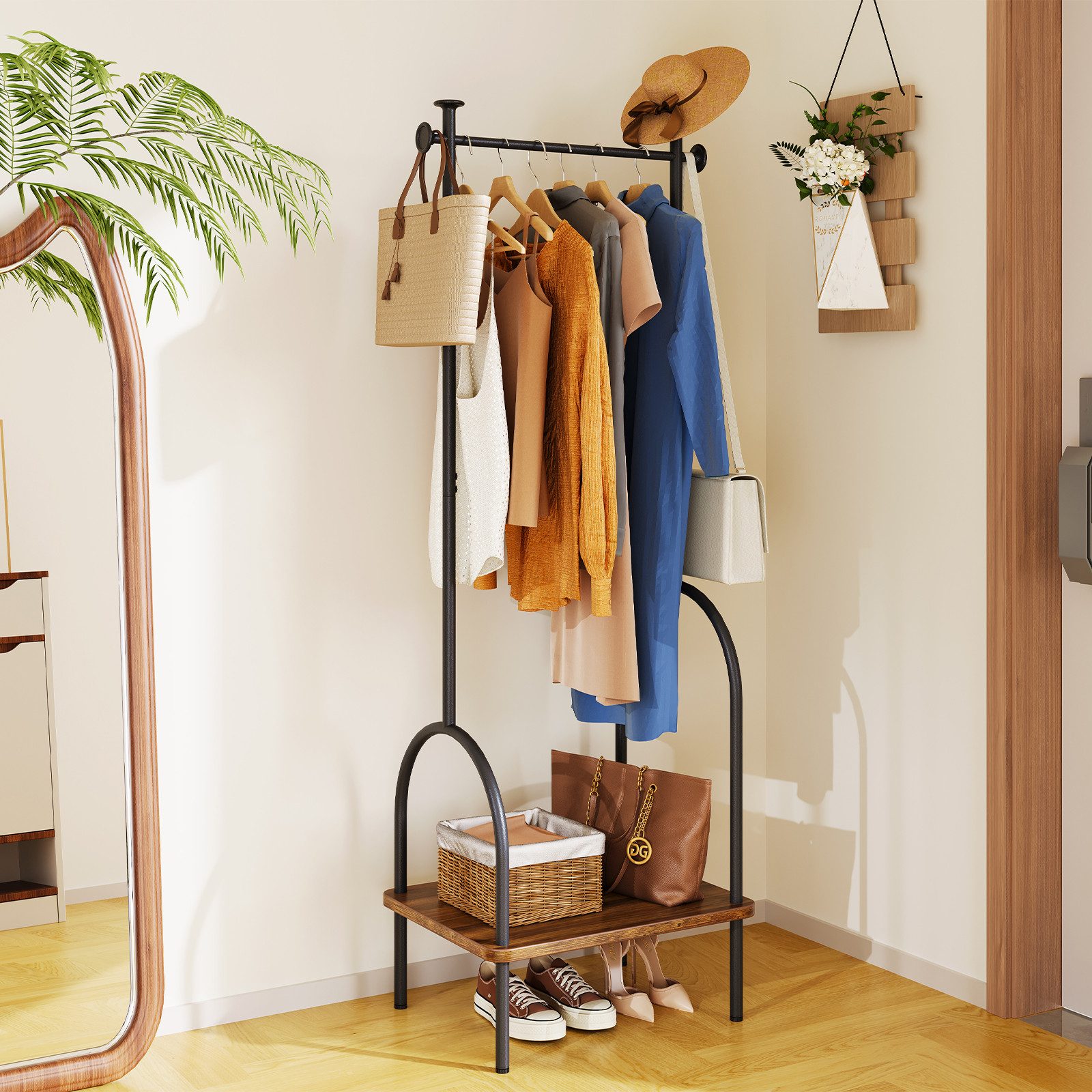 YOLEO Garderobenständer Garderobe Metall Kleiderständer mit Regal und Haken Vintagebraun