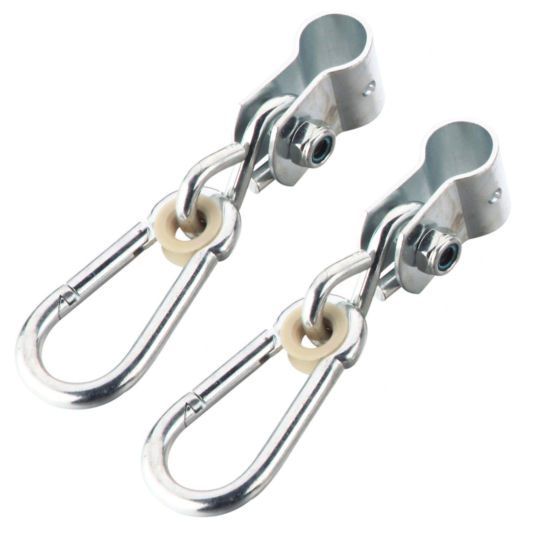 Loggyland Schaukelhaken Schaukelschelle verzinkt rundum für Rundbalken Ø25mm 2er Set, (Spar-Set, 2-St., Manschettenhaken mit Nylonlager), 2 Stück im Set, mit Karabiner und Kunststoffbuchse