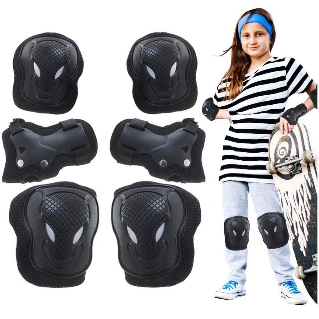 Ikonka Protektoren-Set Protektorenset Knie Ellenbogen Handgelenk Skates Bike Scooter Schwarz (Schutzset für Skate Bike Scooter Roller Inlineskates 6-teilig, 6-teiliges Schutzset Knie Ellenbogen Handgelenk Skates Bike Scooter), Ergonomisch gepolstert, atmu