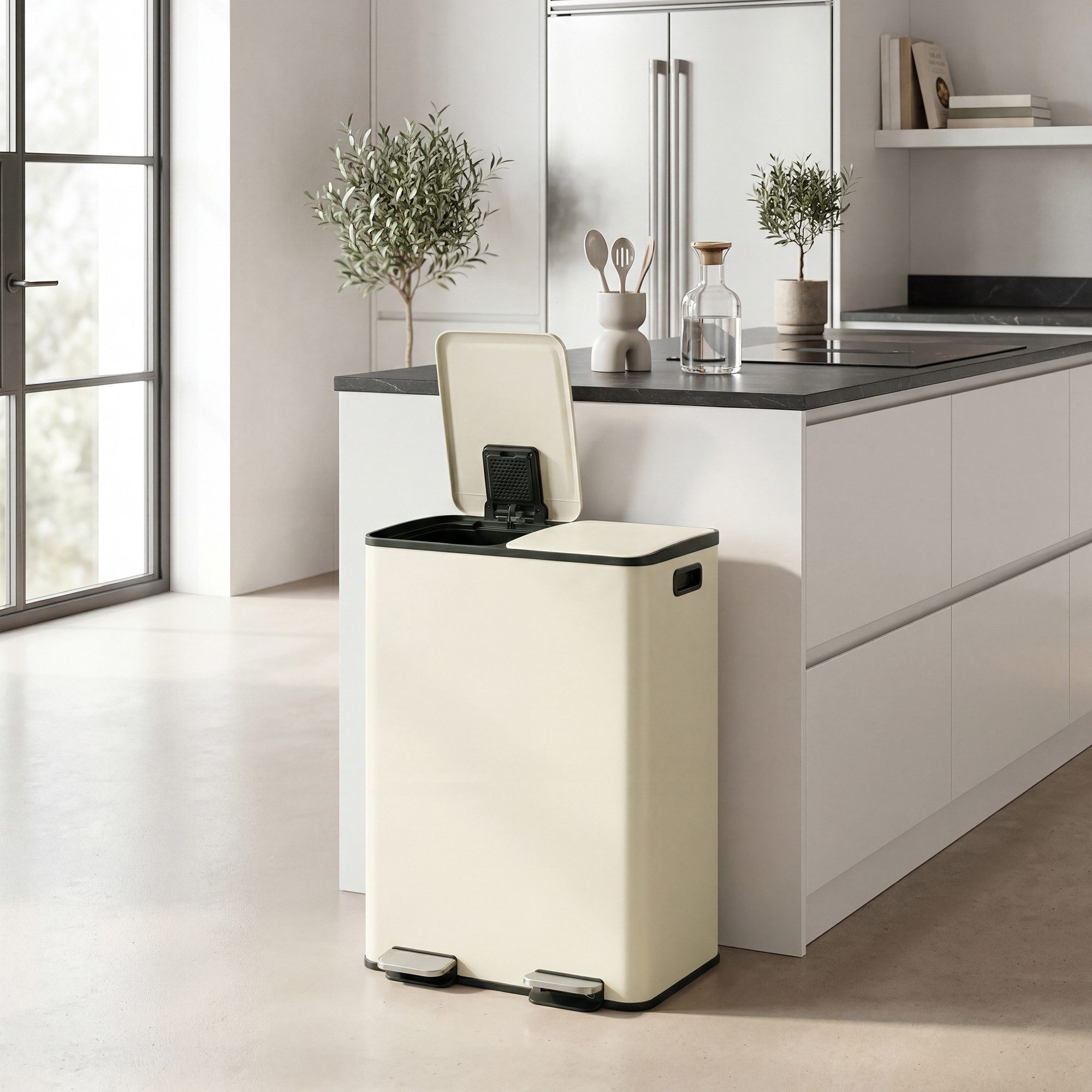 SONGMICS Mülleimer Mülltrennsystem, Mülleimer Küche, 2 Fächer, Abfalleimer, Softclose, 2 x 30 Liter