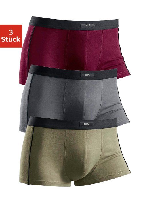 H.I.S Boxershorts (Packung, 3-St) in Hipster-Form mit schmalen Piping grau-olivgrün-bordeaux