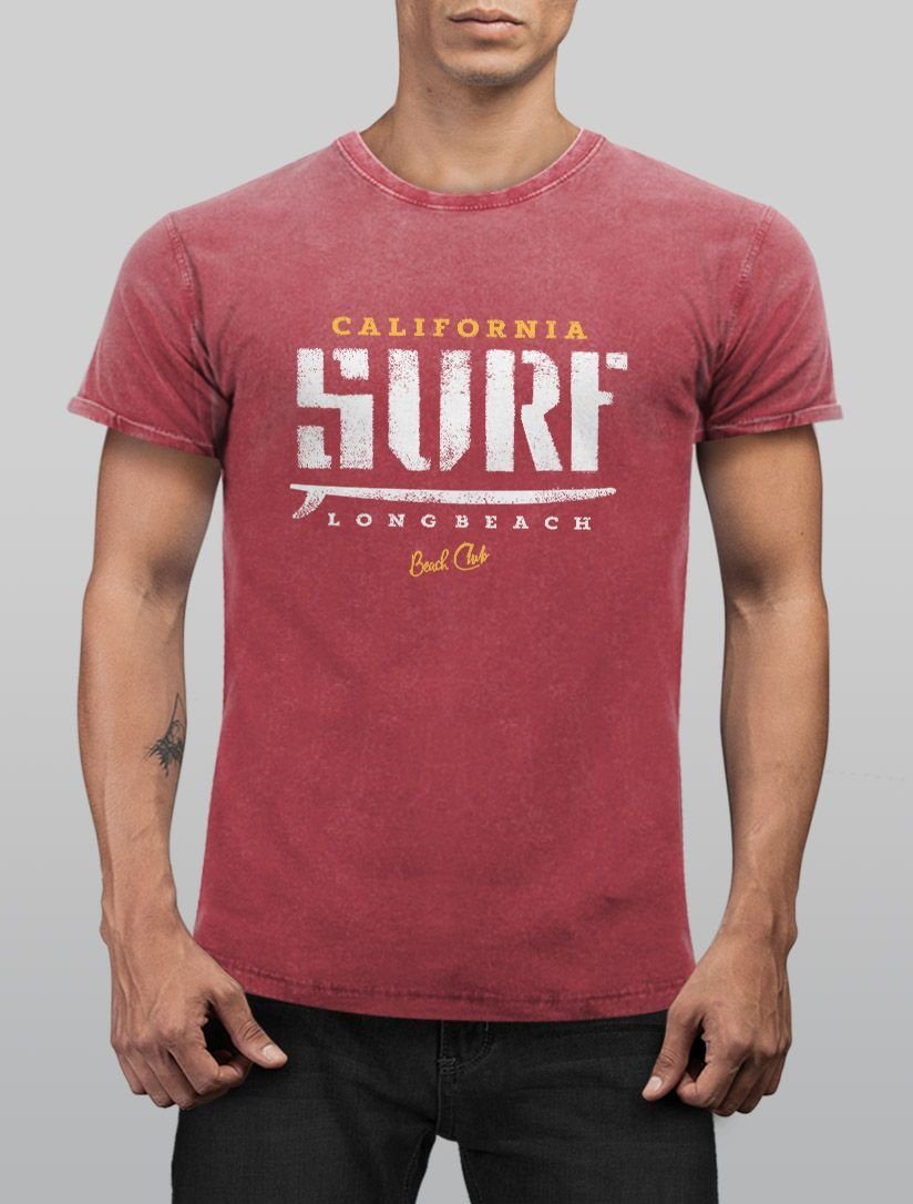 Neverless® Shirt Vintage Print T-Shirt Angesagtes Print-Shirt California Look rot mit Slim Herren Used Aufdruck Neverless Fit Surf Cooles