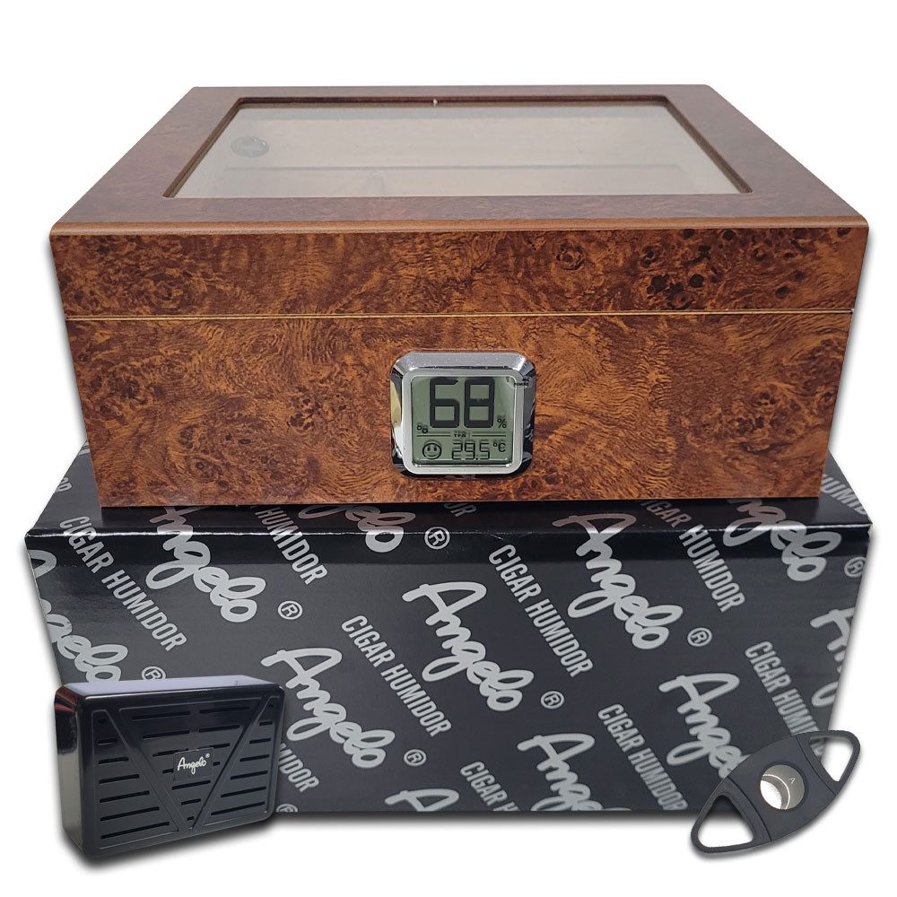 Coumo Humidor Gastrohumidor für 50 Zigarren, Sichtfenster, Digitales Hygrometer, Wurzelholz-Dekor, Digital Hygrometer von TFA