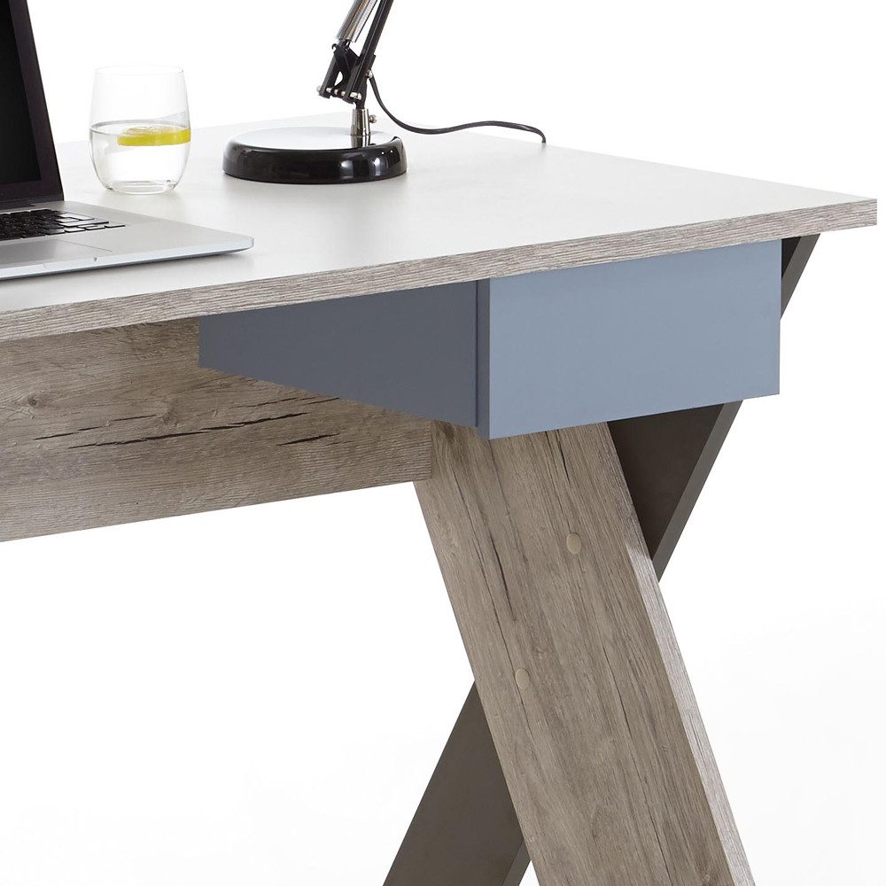 Lomadox Schreibtisch LEEDS-10, Schreibtisch Sandeiche Nb./weiß/Lava/Denim, günstig online kaufen