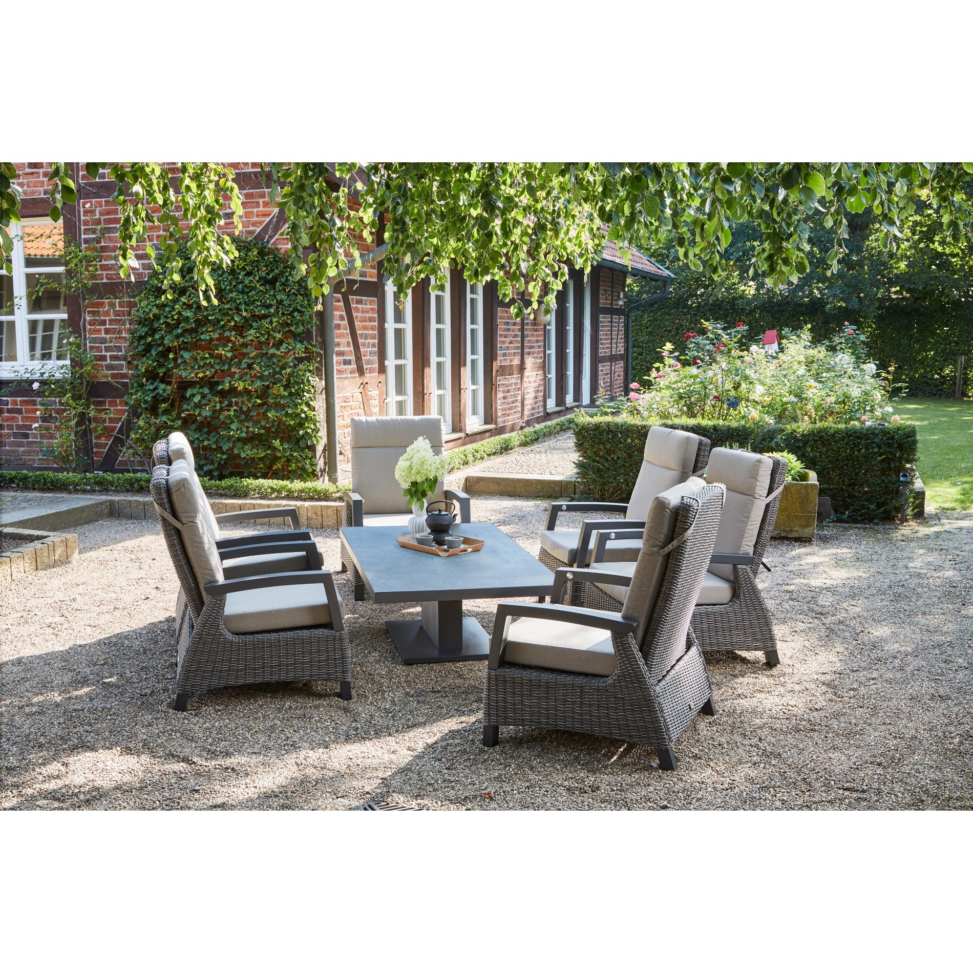 Siena Garden Gartenlounge-Set Corido/Bellani, (für 6 Personen, 7-tlg., 6 Sessel, 1 Lift-Tisch), Diningset Alu/Polyrattan/Keramik, inkl. Polster