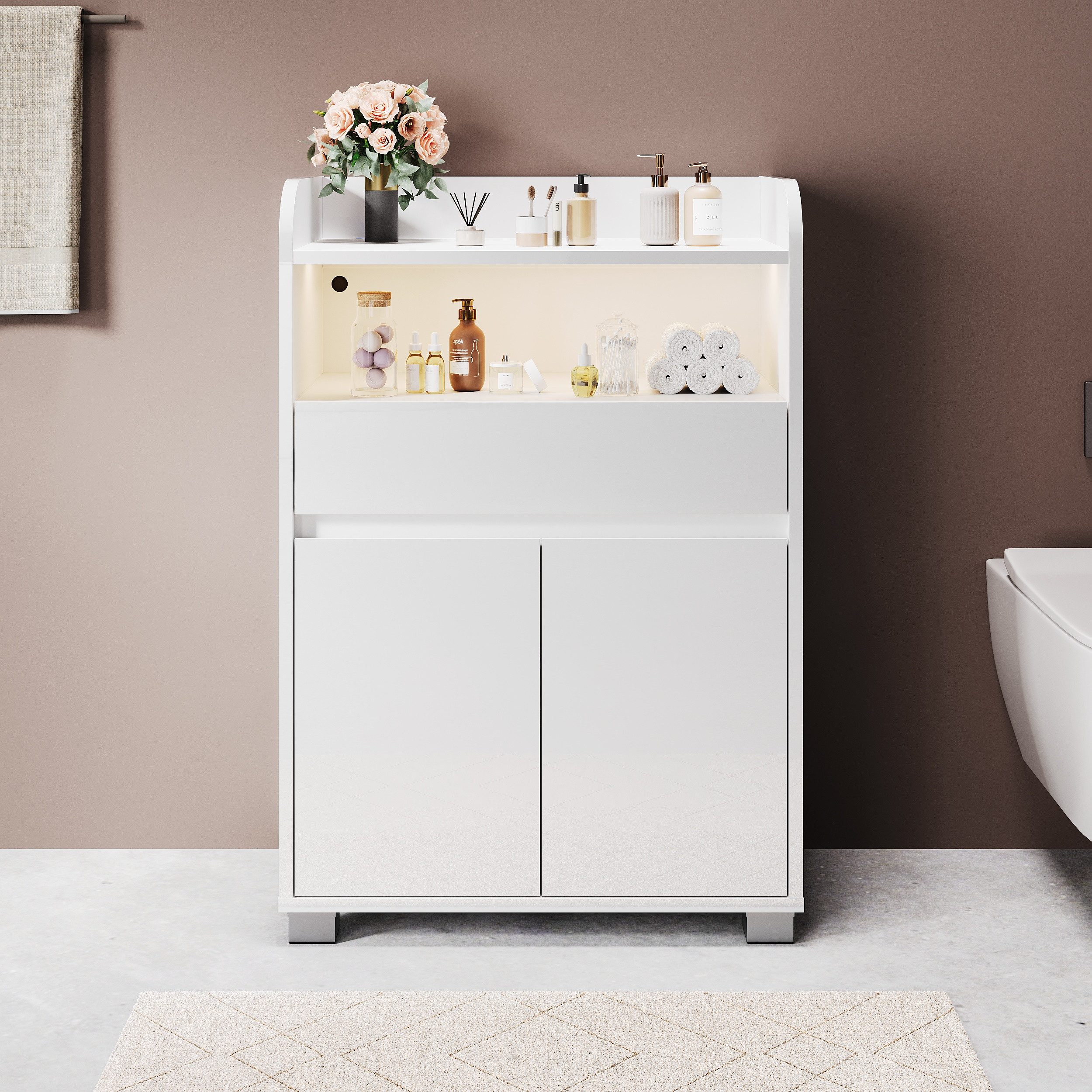 SONNI Kommode Badkommode Badezimmerschrank Höhe: 82cm mit Licht, mit 2 Türen, hochglänzende UV-Oberfläche, mit LED-Touchleuchte