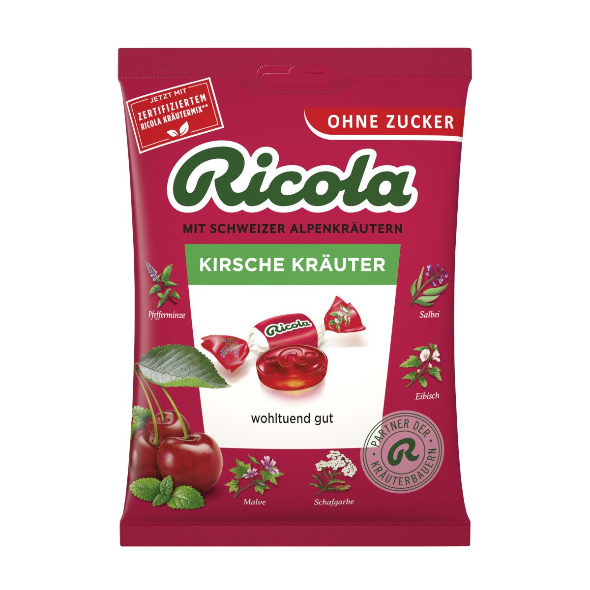 RICOLA Süßigkeit, Ricola Kirsche Kräuter ohne Zucker wohltuend gut Packung 75g