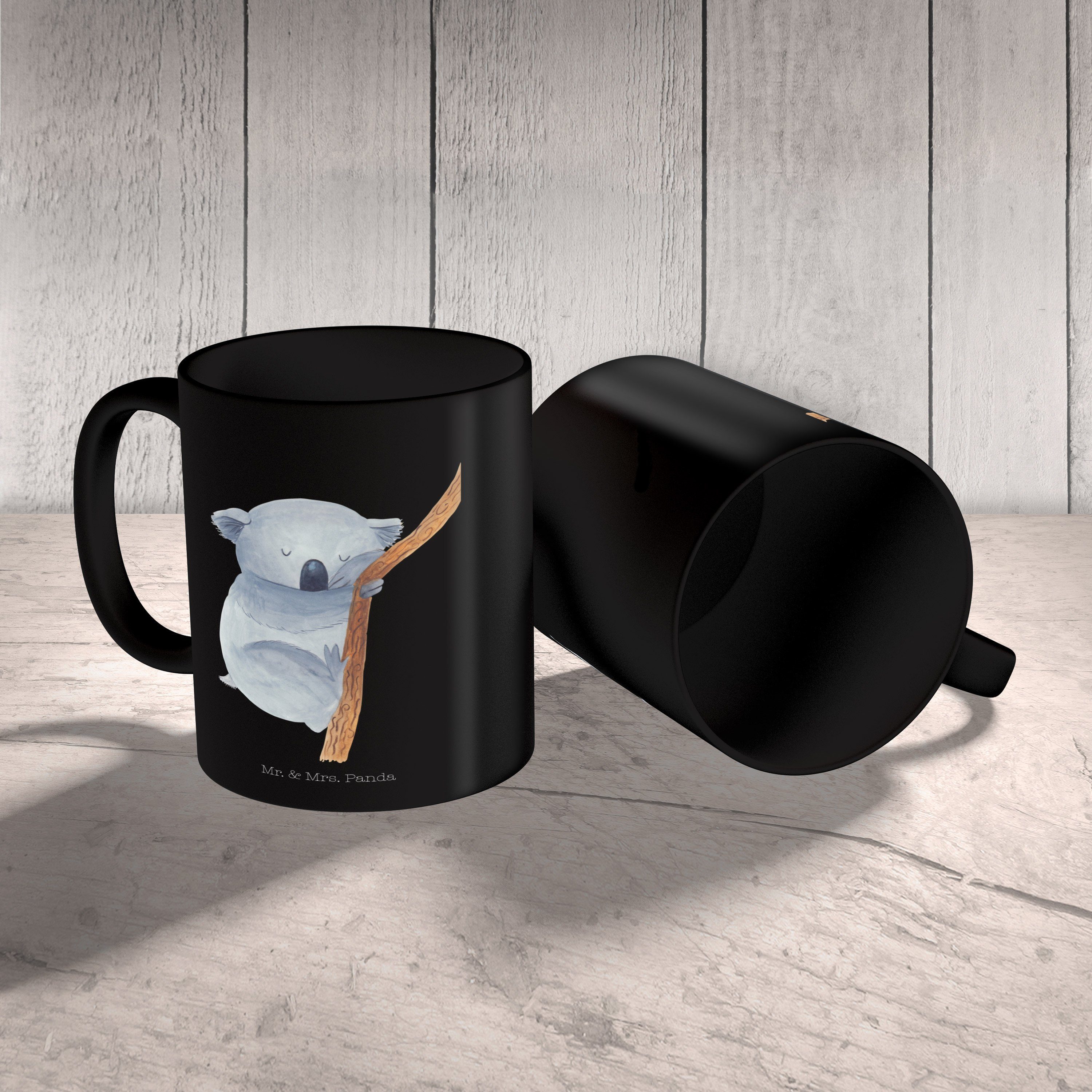 Lau, Geschenk, - Tasse Gute Panda - Mrs. Keramik Traum, Mr. Koalabär & Schwarz Kaffeebecher, träumen, Schwarz