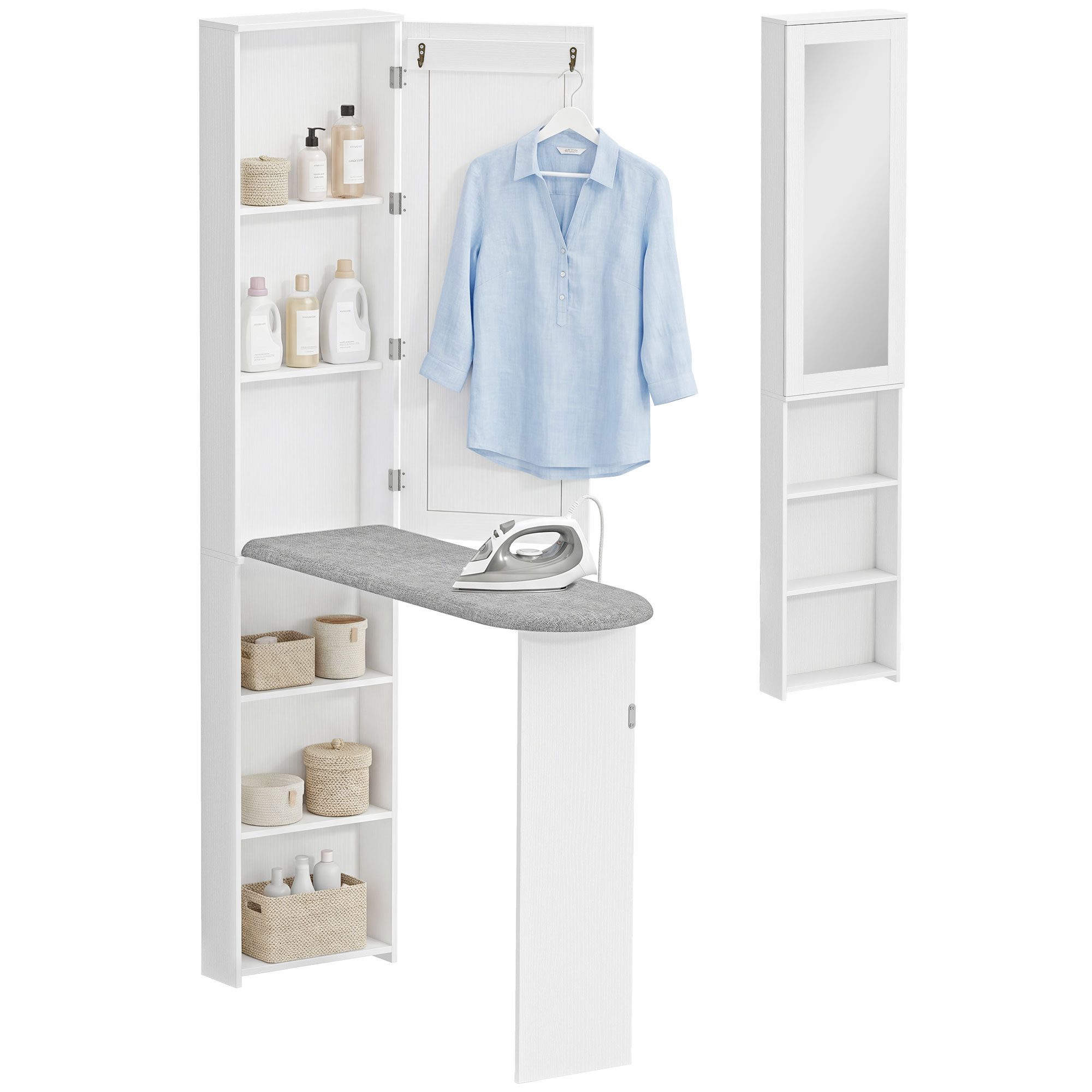 HOMCOM Bügelbrett Faltbarer Bügelbrettschrank mit Tür, internen Regalen, Spiegel, Bügelfläche 93x31 cm, für Waschküche oder kleine Räume, 106 x 35 x 174 cm, Weiß