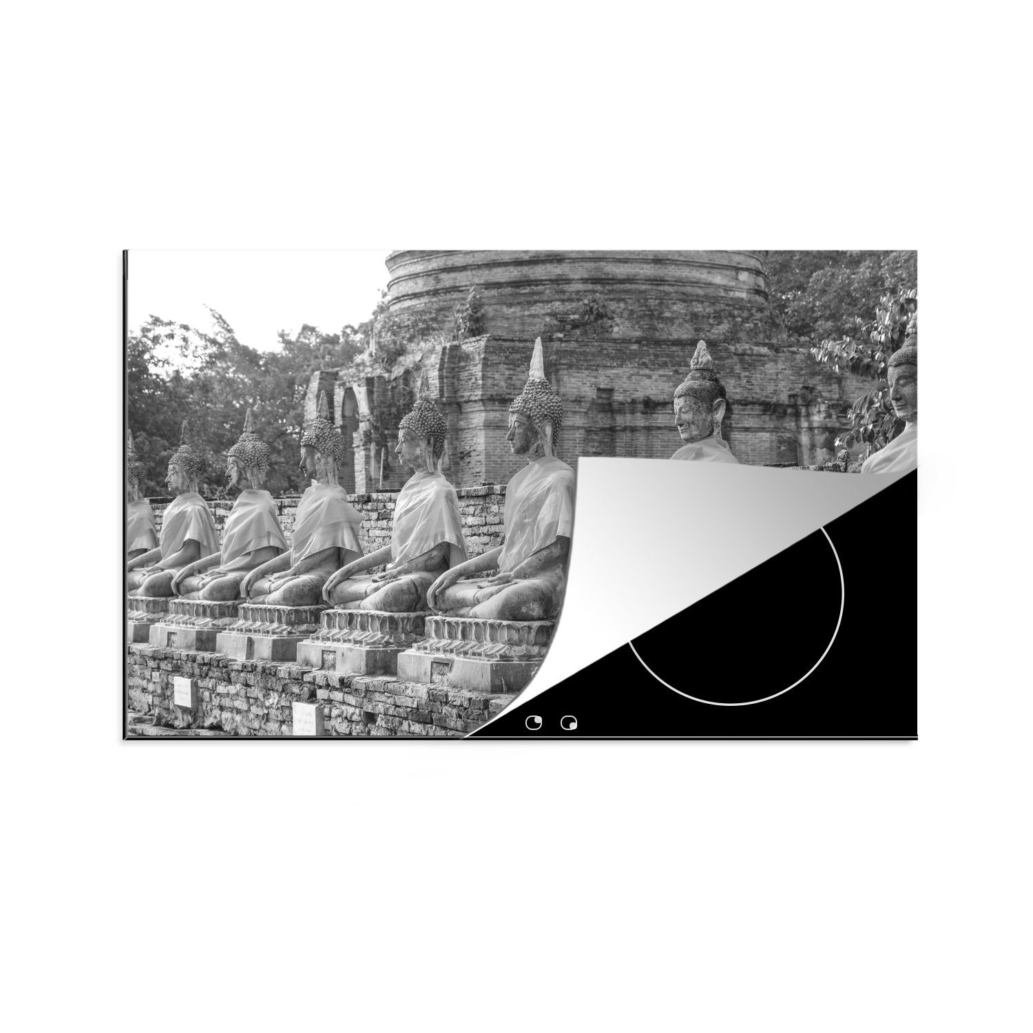 MuchoWow Herdblende-/Abdeckplatte Buddhas im Wat Chaiwatthanaram-Tempel in Thailand - Schwarz und Weiß, Vinyl, (1 tlg), 81x52 cm, Induktionskochfeld Schutz für die küche, Ceranfeldabdeckung