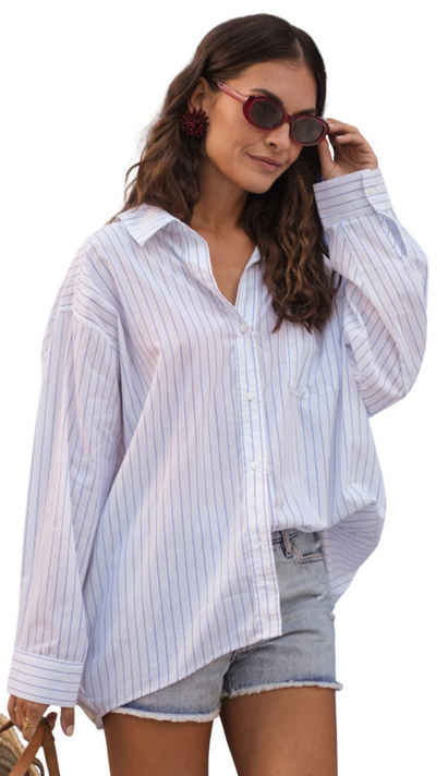 Charis Moda Hemdbluse Bluse Streifen Oversize Baumwollhemd