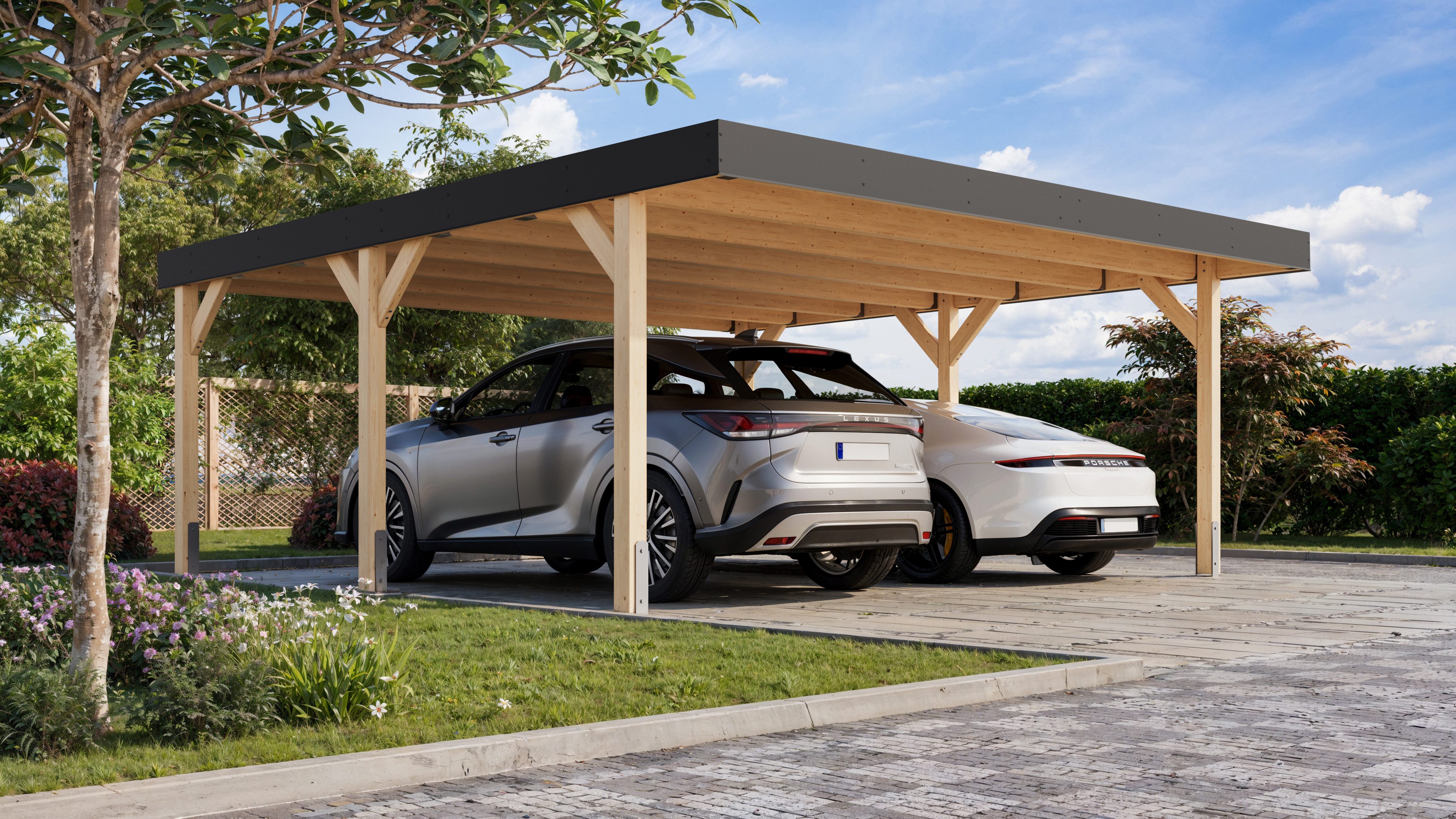 Karibu Doppelcarport, BxT: 552x487 cm, 211,5 cm Einfahrtshöhe, aus kesseldruckimprägniertem Massivholz
