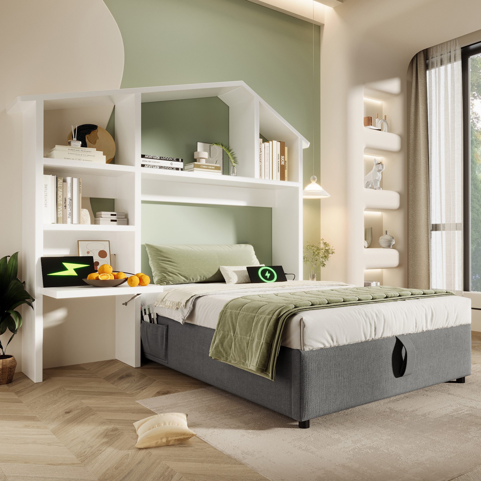 HAUSS SPOLE Polsterbett 90x200cm mit Bücherregal, günstig online kaufen