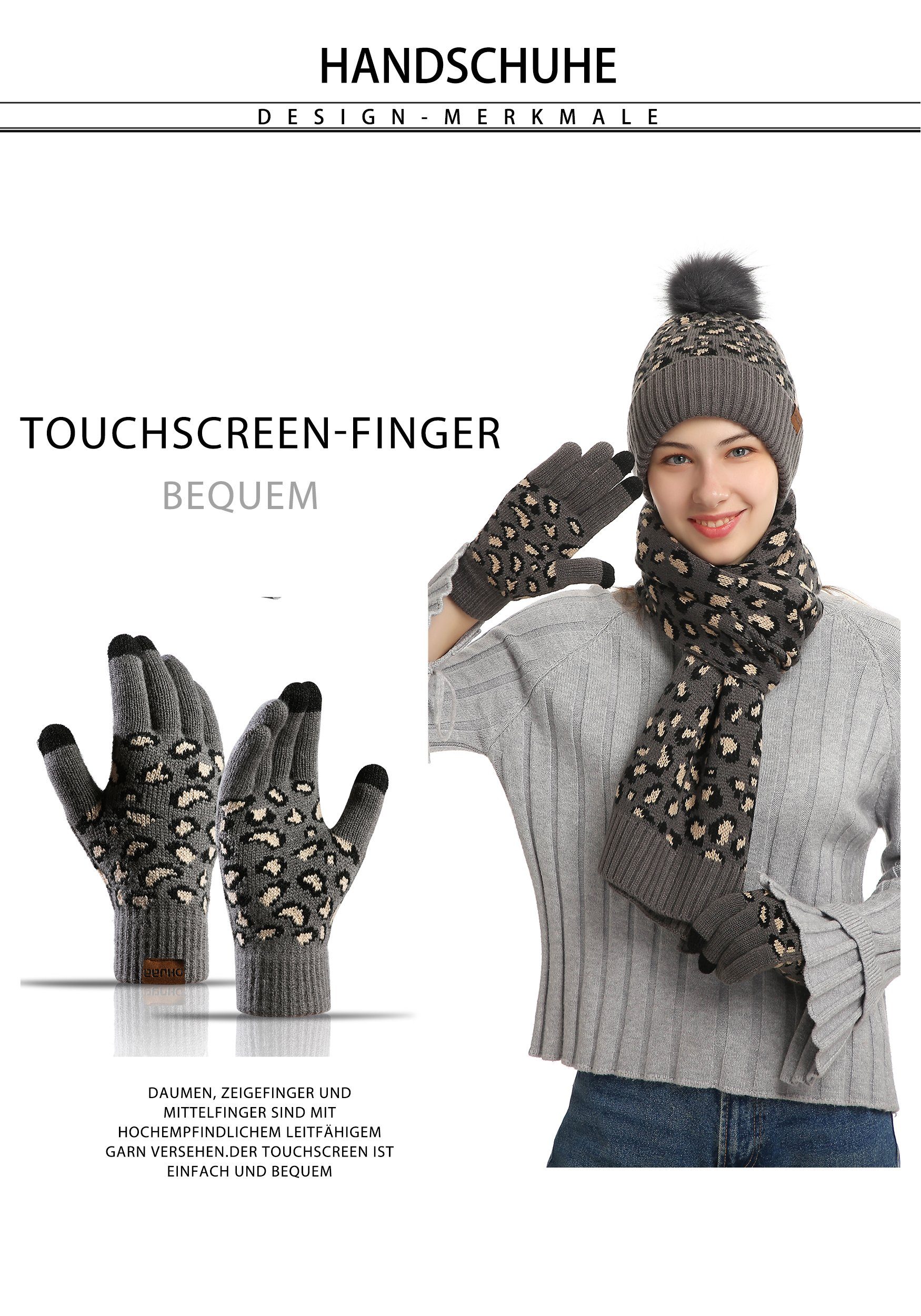 MAGICSHE Mütze & Set Schal Schwarz Handschuhe Schal Leopardenmuster