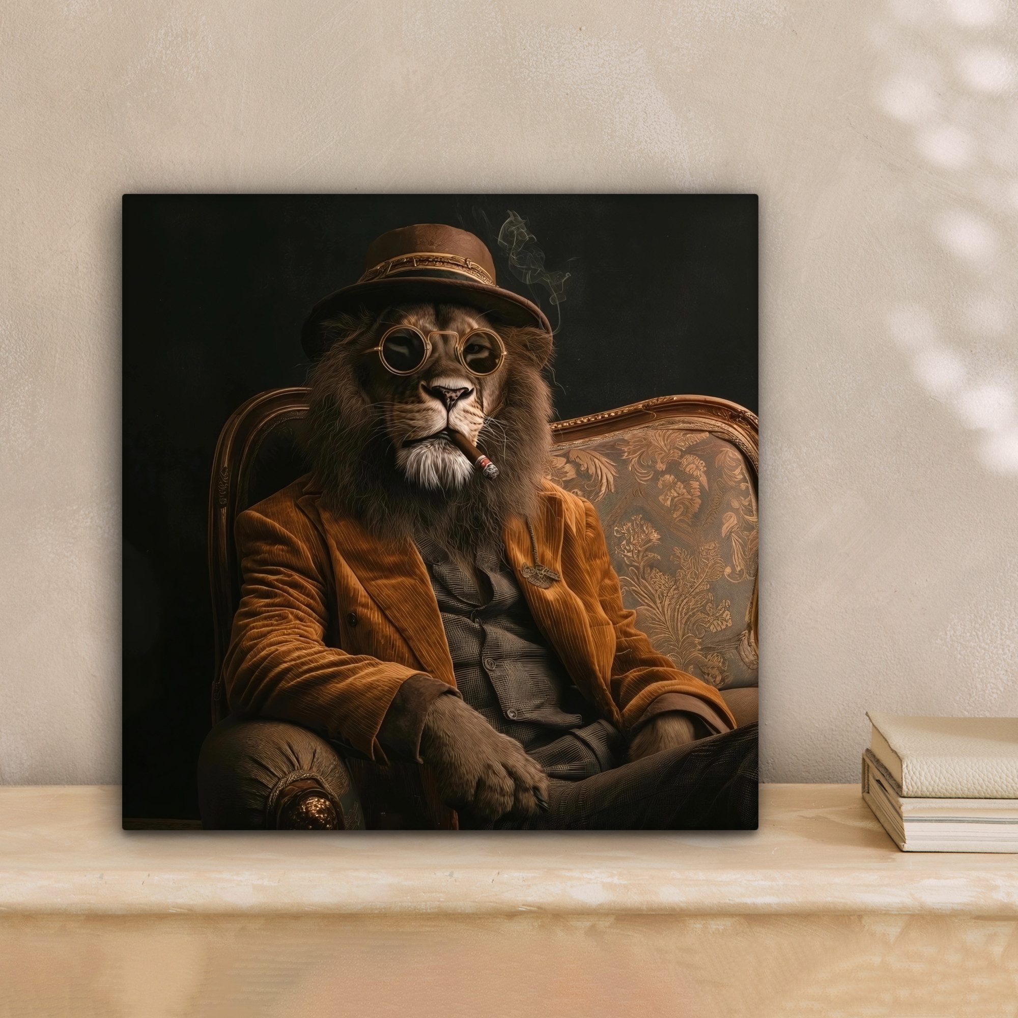 OneMillionCanvasses® Leinwandbild Brille - Löwe - Bank - Hut, Fotodruck (1 günstig online kaufen