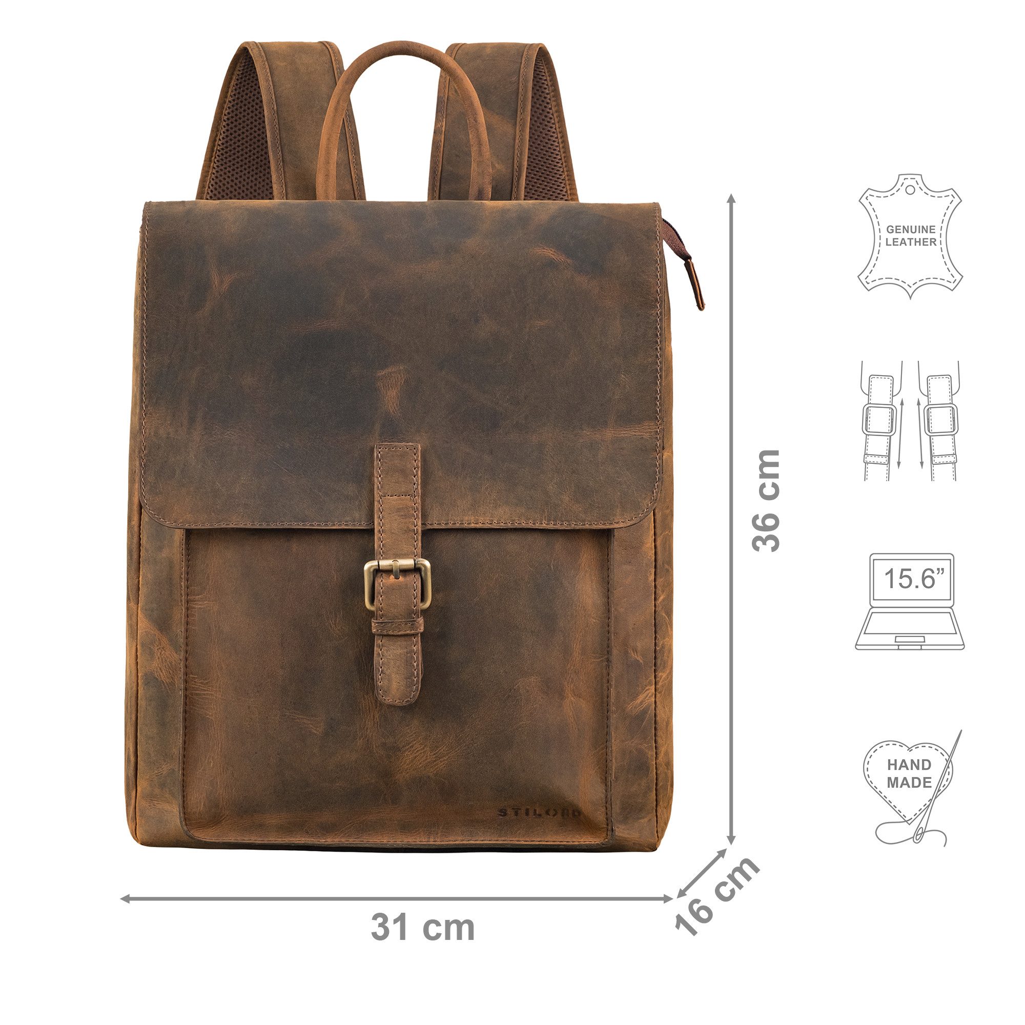 STILORD Notebookrucksack "Debbie" Großer Vintage Lederrucksack Damen mit Laptopfach 15.6 Zoll