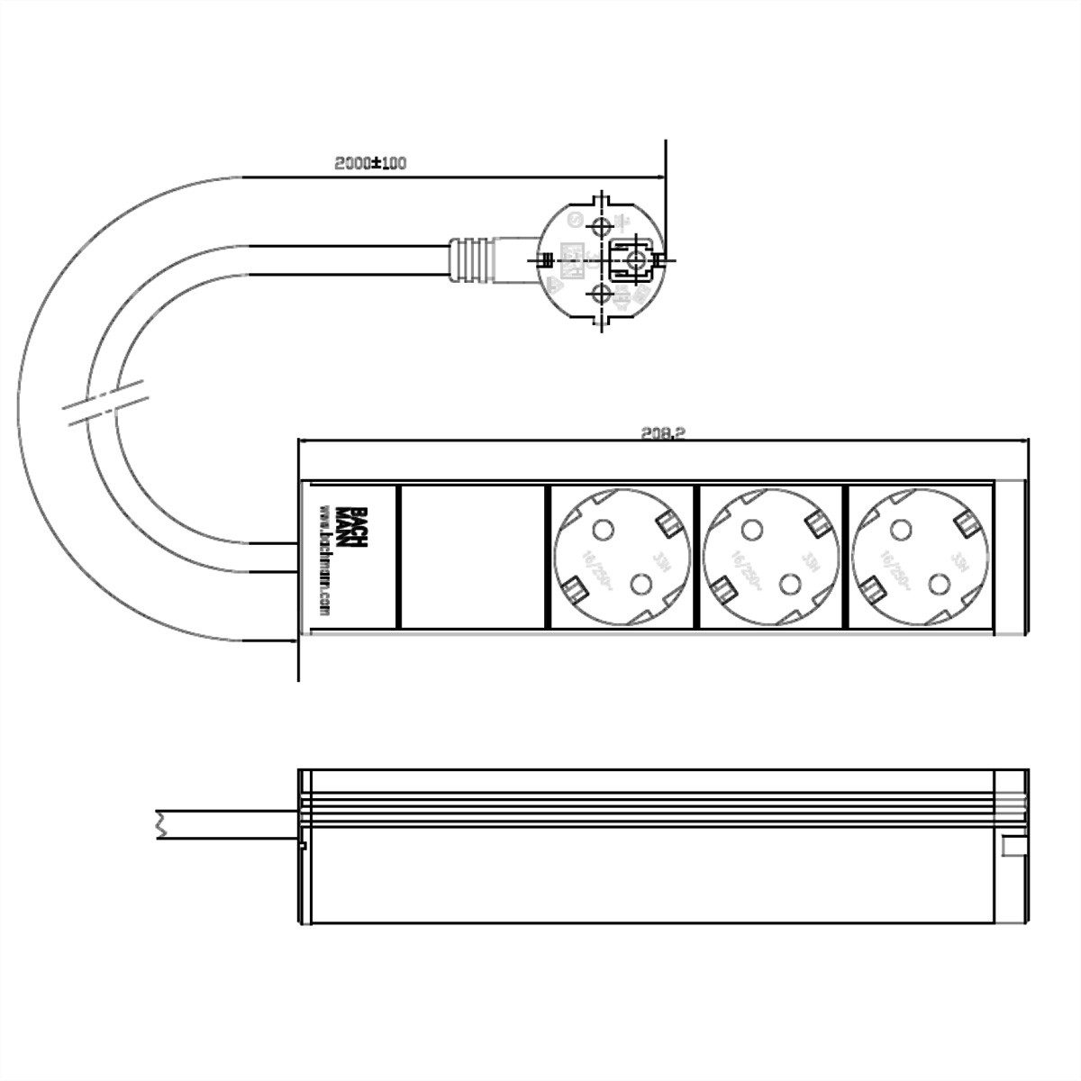 Thumbnail - Bachmann 10" PDU 1HE 3xCEE7/3 Strom 2,0m Steckdosenleiste (Kabellänge 2 m)