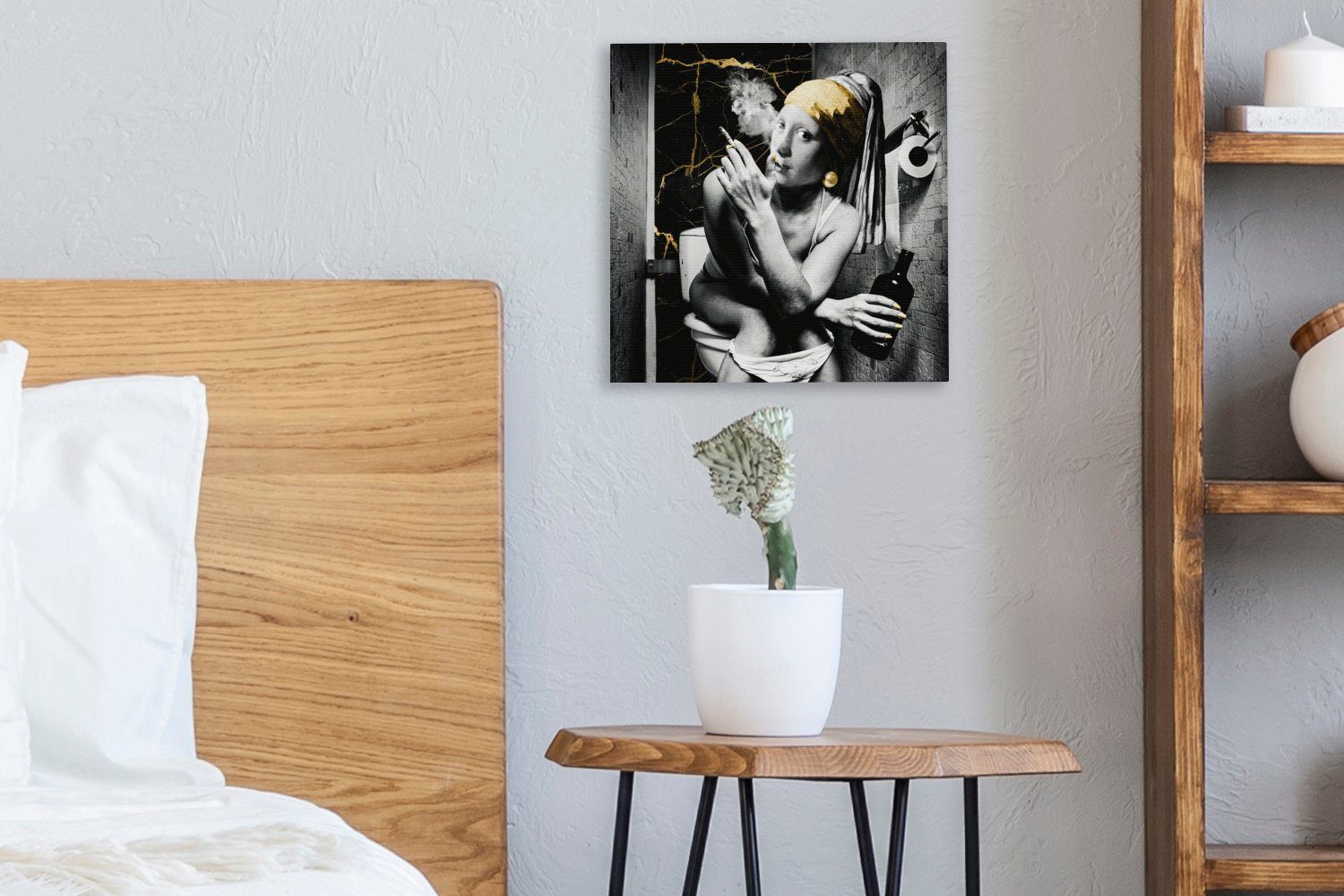 OneMillionCanvasses® Gemälde Marmoroptik mit - Bilder Schlafzimmer Wohnzimmer Perlenohrring St), - Zigaretten (1 Gold, für Toilette Leinwand Mädchen - 