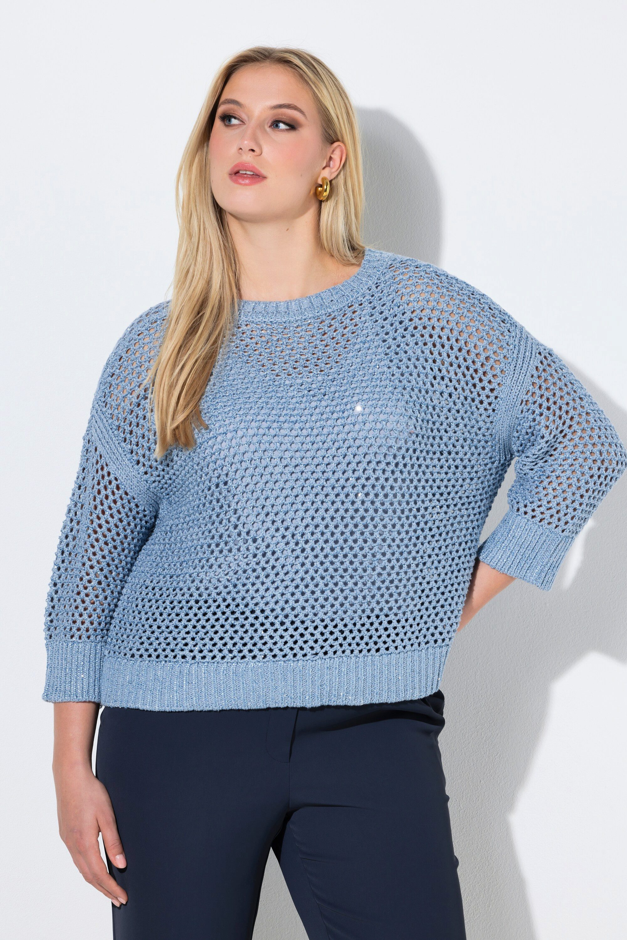 Strickpullover Pullover Pailletten Oversized Rundhals 3/4-Arm