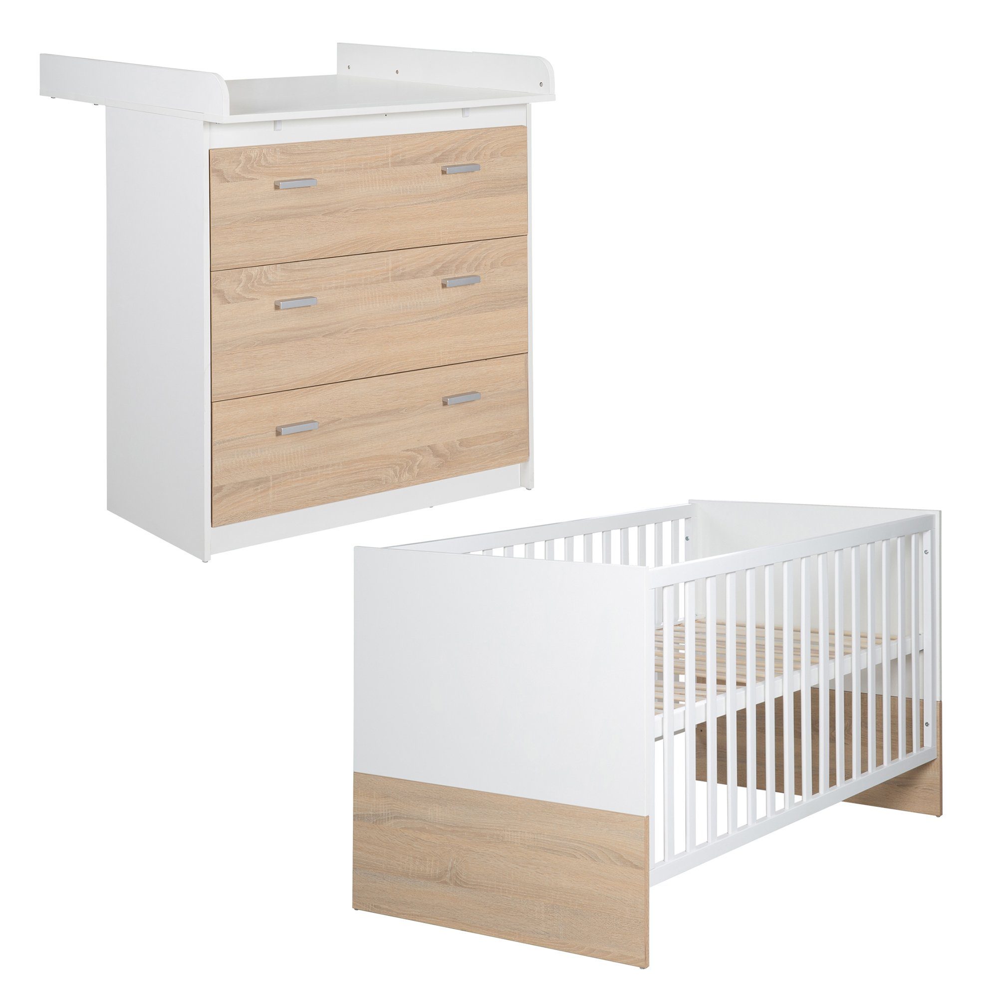roba® Babyzimmer-Komplettset Gabriella, Gitterbett, Wickelkommode, Korpus & Fronten in bicolor, Eiche/Weiß