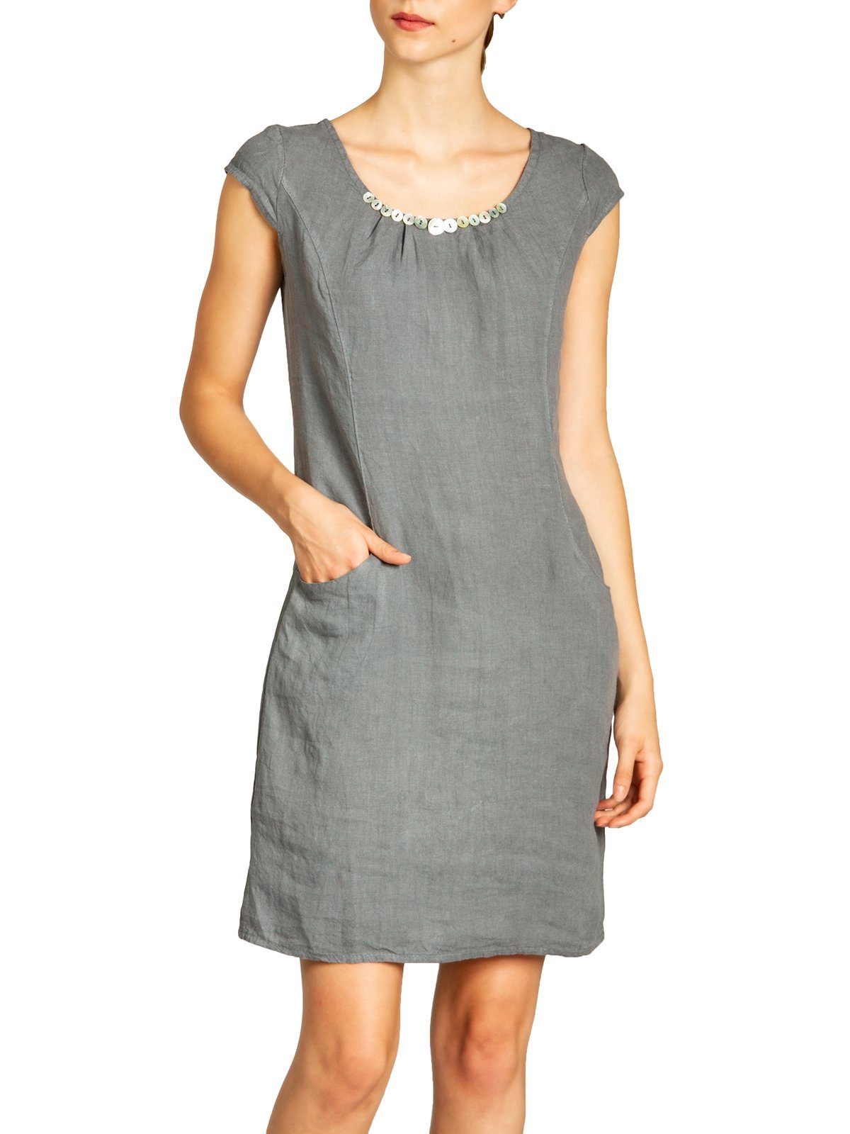 Sommerkleid SKL018 knielanges Damen Sommer Leinenkleid mit Perlmutt Knöpfe Dekor