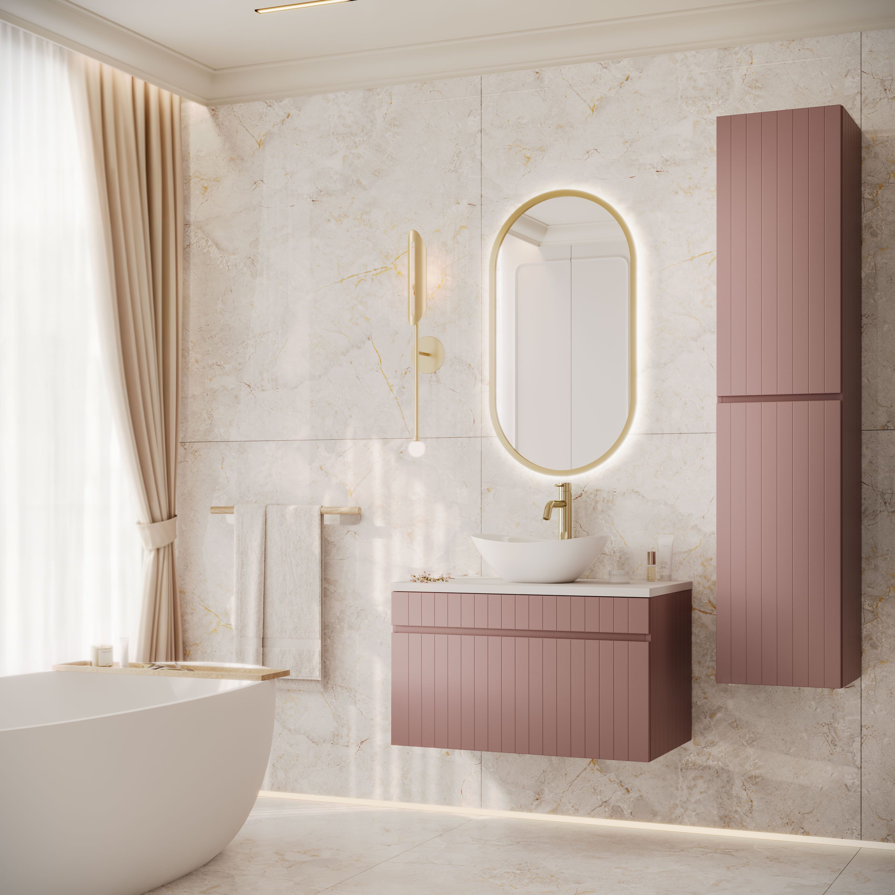 Lookway Badmöbel-Set FLORIS Badezimmer-Set mit Muschel-Waschbecken und Hochschrank, (Badezimmer-Set mit wählbarem Spiegel, Becken und Armatur), Breite: 80 cm