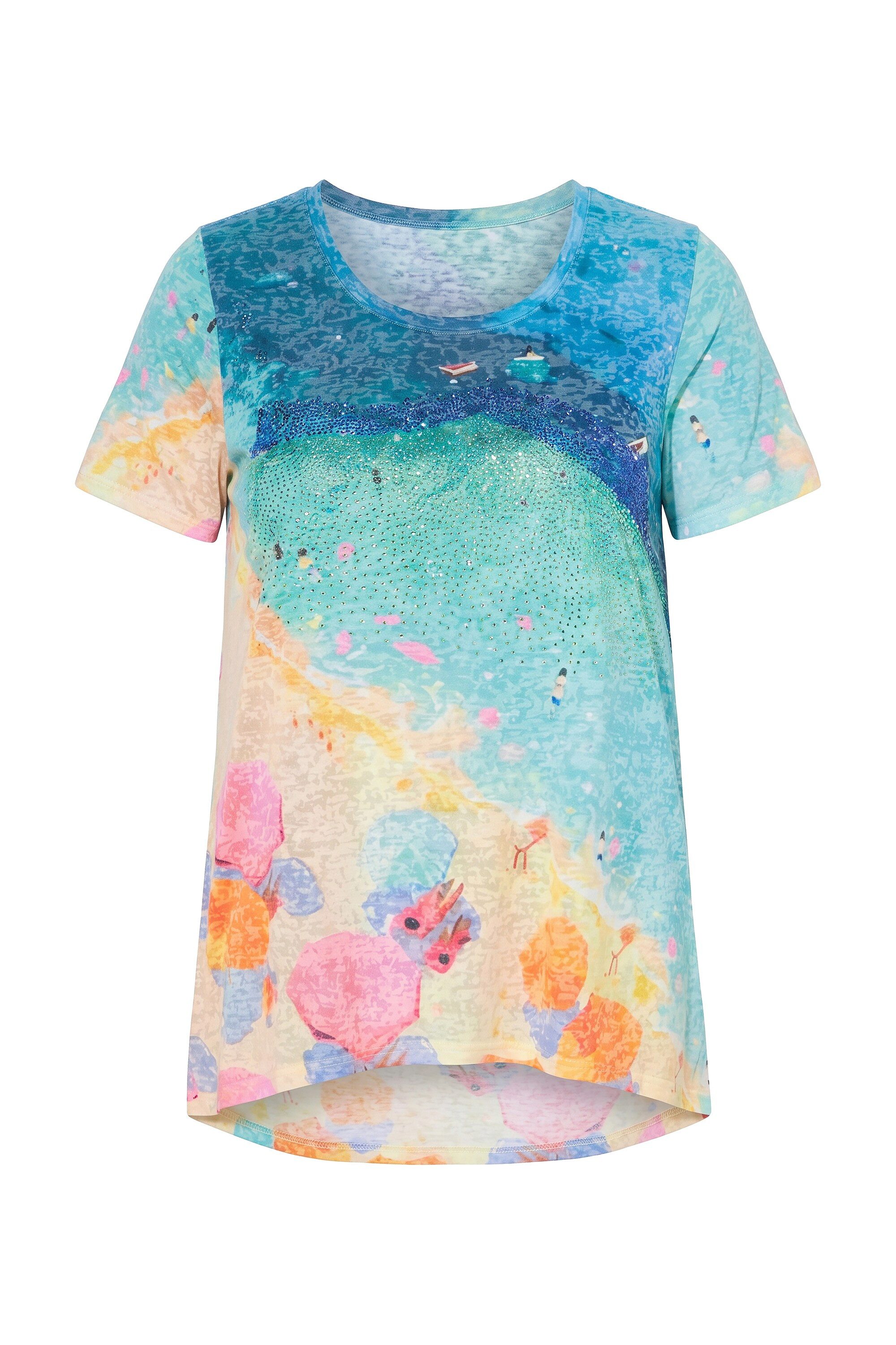 T-Shirt Longshirt A-Linie Glitzersteinchen Strandmotiv