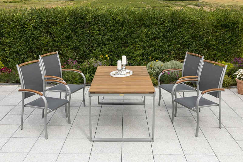 MERXX Garten-Essgruppe Siena, (Set, Tisch, 4 Stapelsessel, Aluminium mit Textilbespannung und Akazienholz), 1 Ausziehtisch mit 4 platzsparenden Stapelsesseln